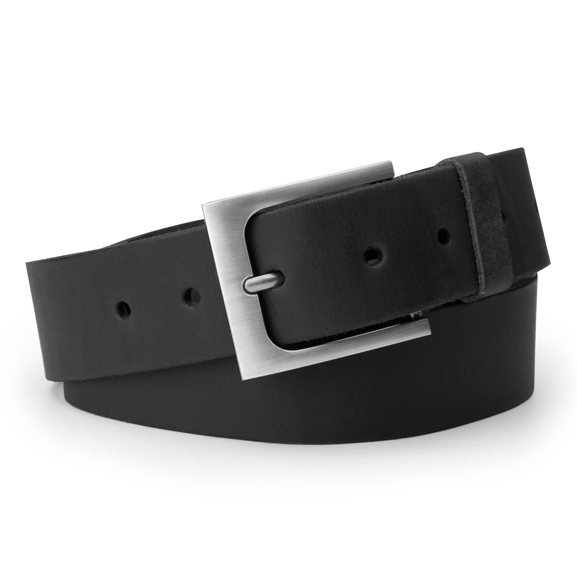 Rustic Leather Belt by Hide & Drink displayed in black leather featuring a neat silver buckle, crafted from thick full grain leather with hand cut and hand sewn craftsmanship, showcasing artisan methods from La Antigua Guatemala.