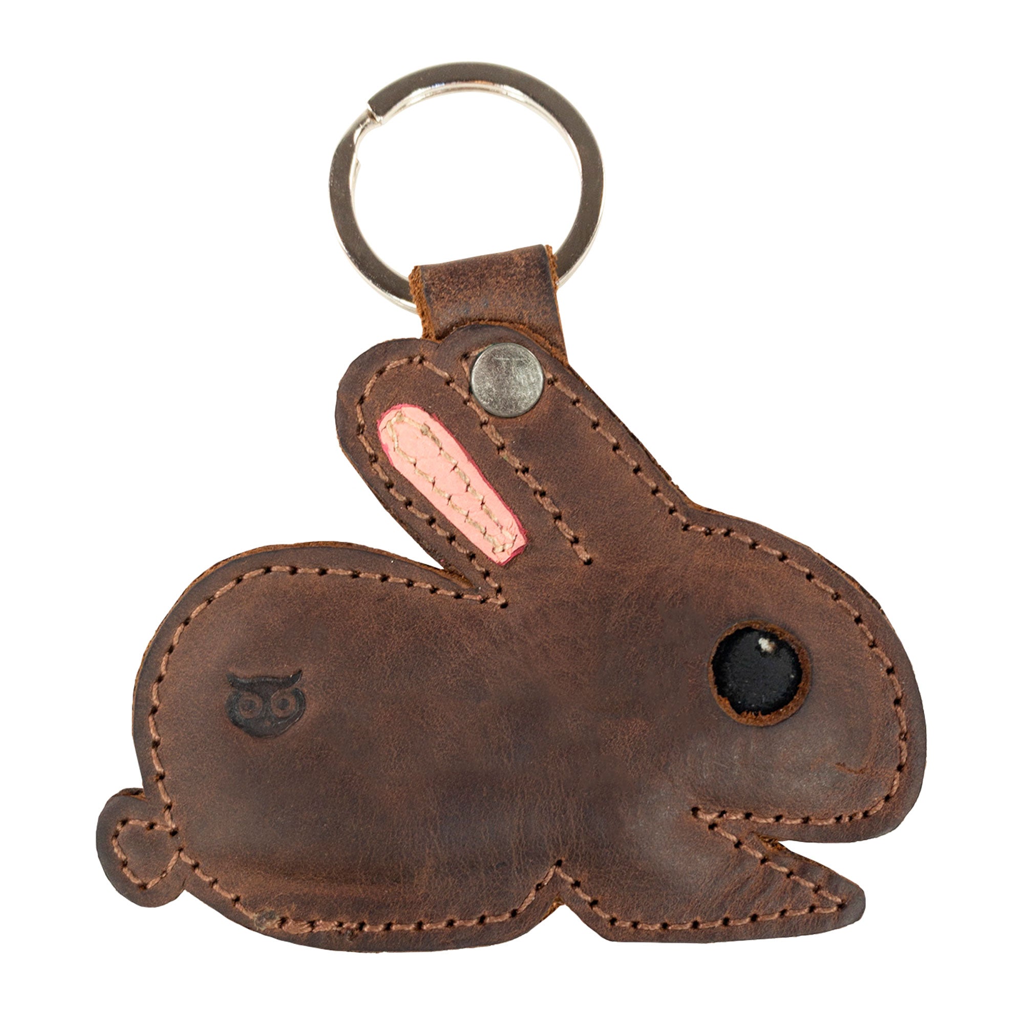 Bunny Critter Key Chain by Hide & Drink, emphasizing its unique design and construction. This charming Animal Key Ring Holder is crafted from Full Grain Leather, ideal for keeping keys organized with a fun flair. Handmade in La Antigua Guatemala & Oaxaca Mexico.