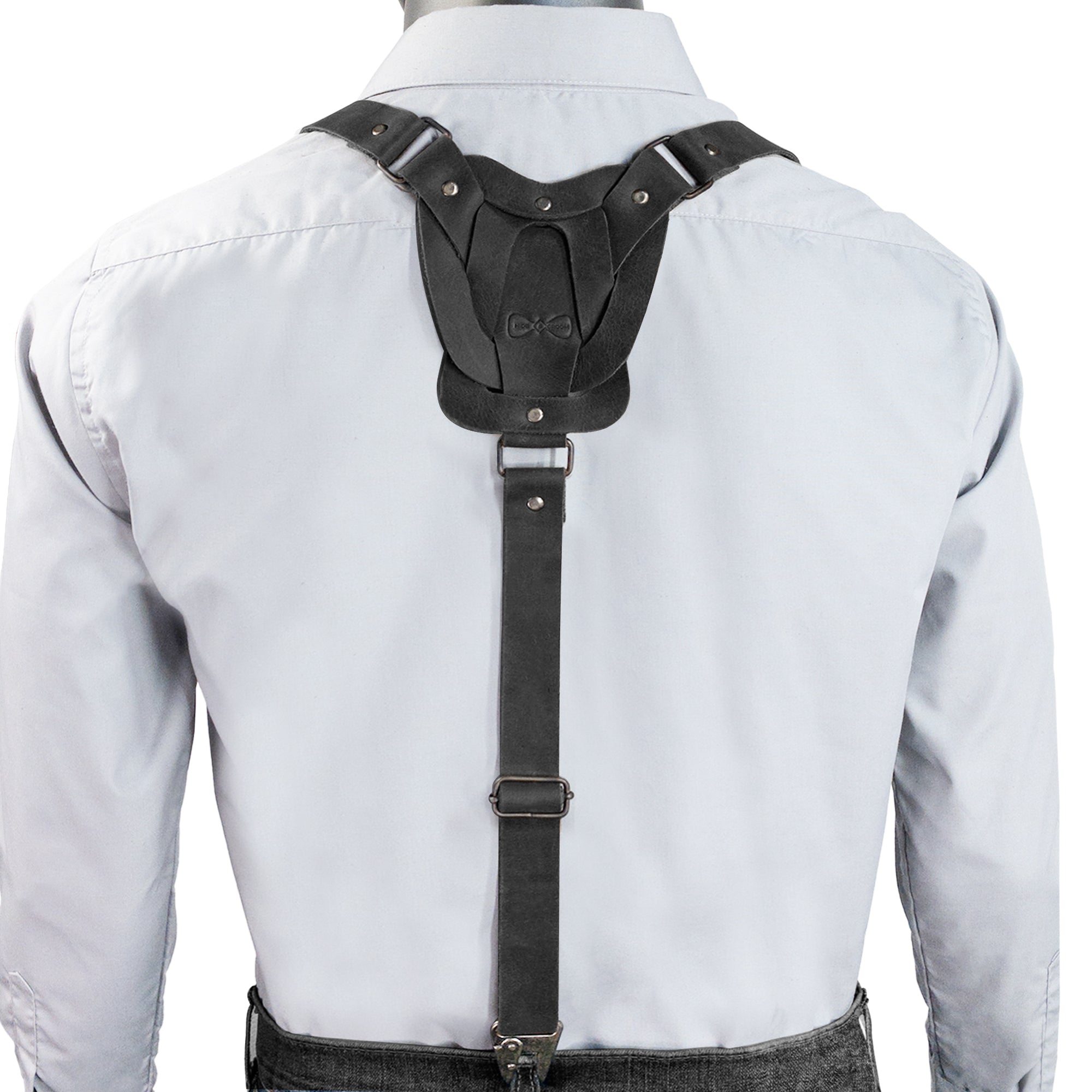 Back view of black Rustic Suspenders with Adjustable Size Straps for Men from Hide & Groom, designed for style and functionality using Full Grain Leather. Perfect for special occasions like weddings and Steampunk events with artisan craftsmanship.