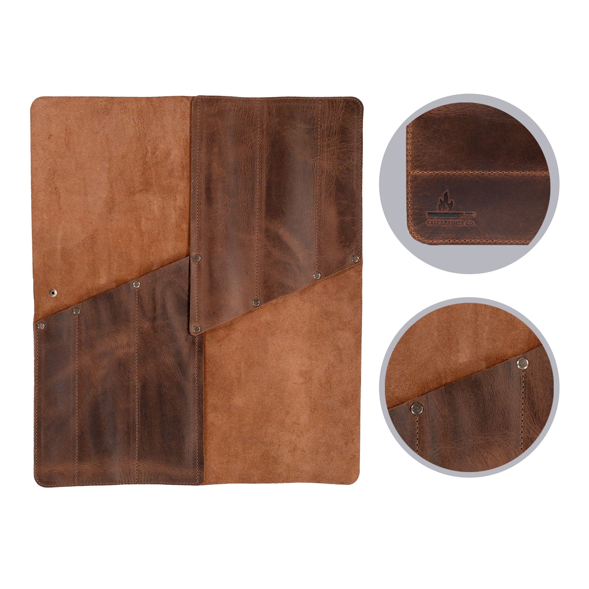 The exterior view of the Cast Leather Co. Rectangular Knife Case with 6 Slots, emphasizing the craftsmanship and quality. This Rectangular Knife Roll with 6 Slots functions as a Portable Knife Organizer Case, made from robust Full Grain Leather. This cooking accessory is part of StockyardX's commitment to small batch production and features hand cut, hand sewn artistry with a fire branded finish, proudly handmade in La Antigua Guatemala & Oaxaca Mexico.