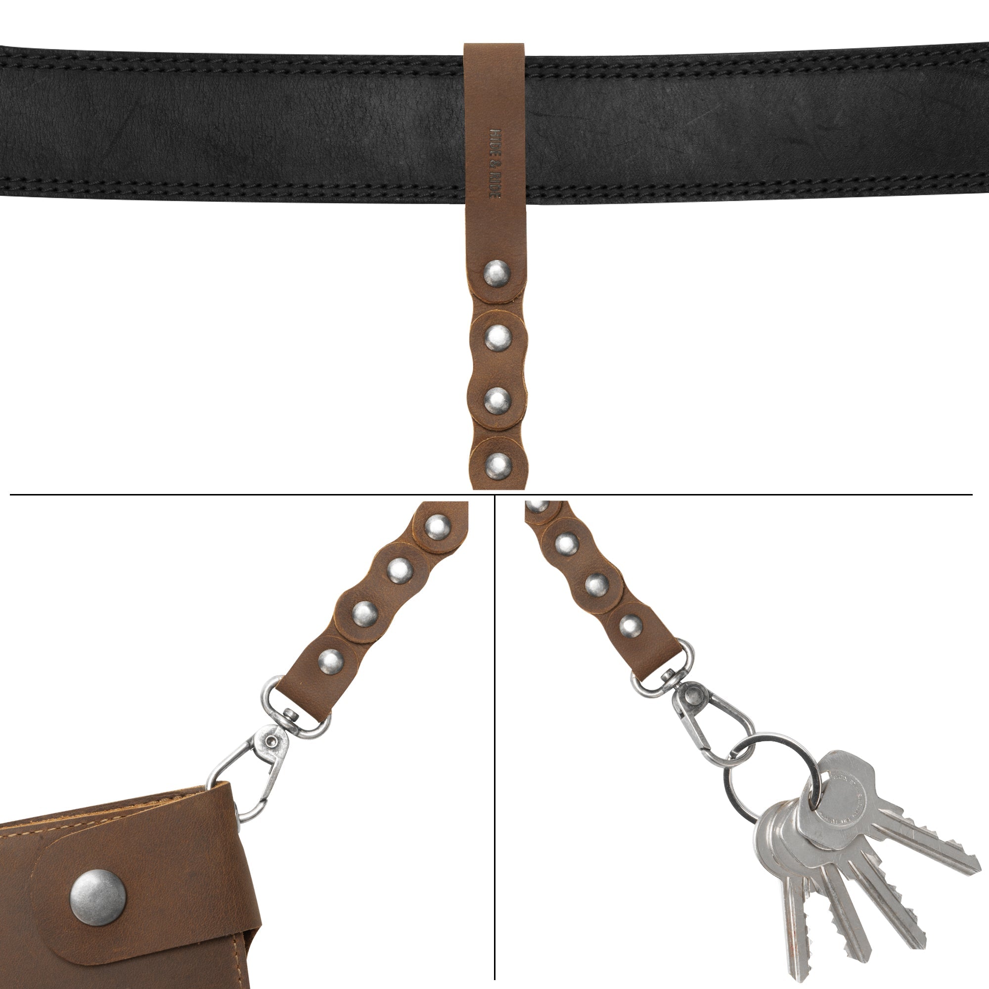 Close-up of the Biker Chain by Hide & Ride, highlighting its secure attachment and full grain leather materials. This high-quality trouser chain serves as a wallet chain or jeans pocket chain, making it an essential belt accessory. Each piece is artisan-made, emphasizing hand cut, hand sewn craftsmanship and fire branding in La Antigua Guatemala & Oaxaca Mexico.