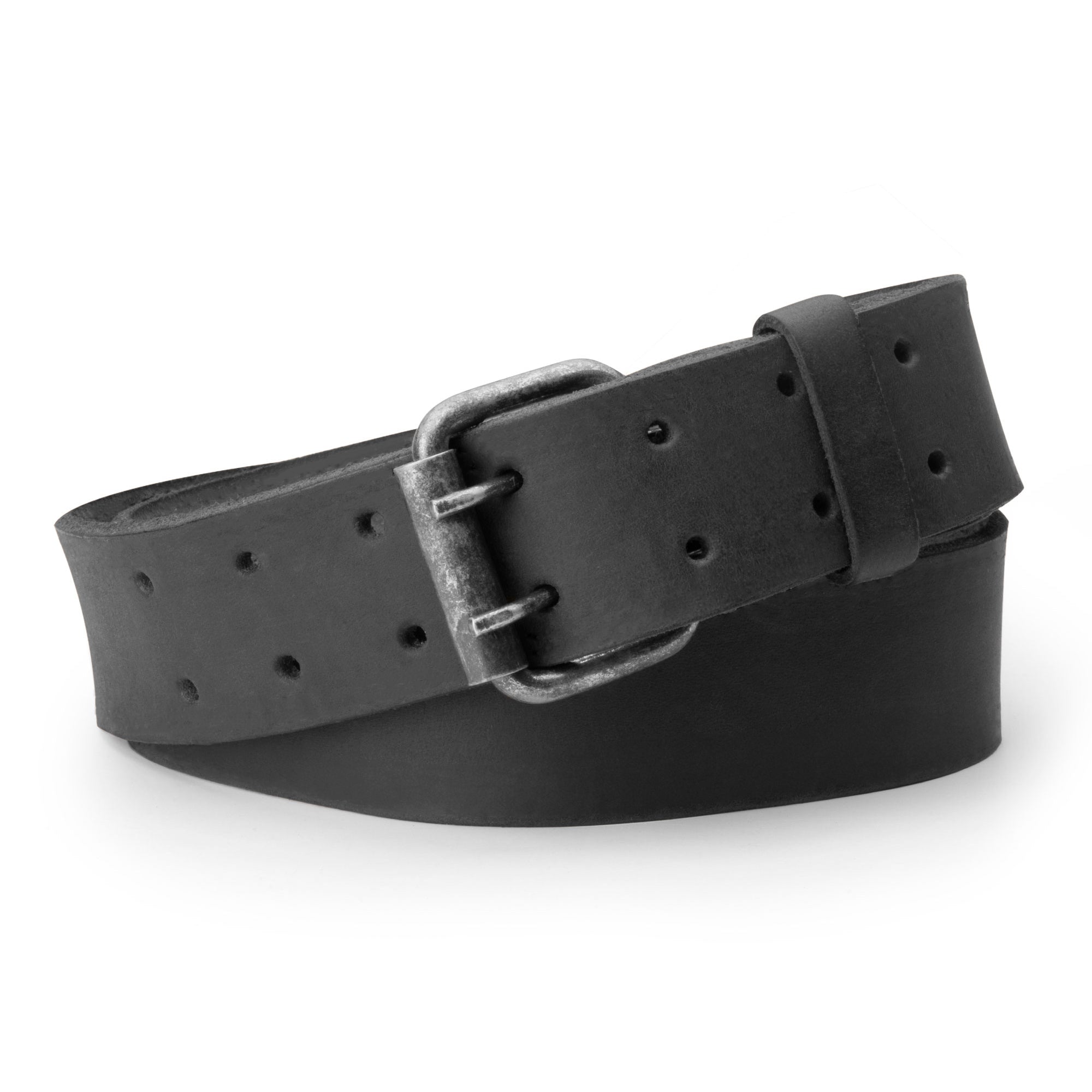 Detailed view of the black Reinforced Double Prong Buckle Belt by Hide & Drink, highlighting its rustic buckle. This belt is 1.5 in. wide and made from full grain leather, embodying stockyardX principles in small batch production along with hand cut, hand sewn, and fire branded craftsmanship, artisan-made in La Antigua Guatemala & Oaxaca Mexico.