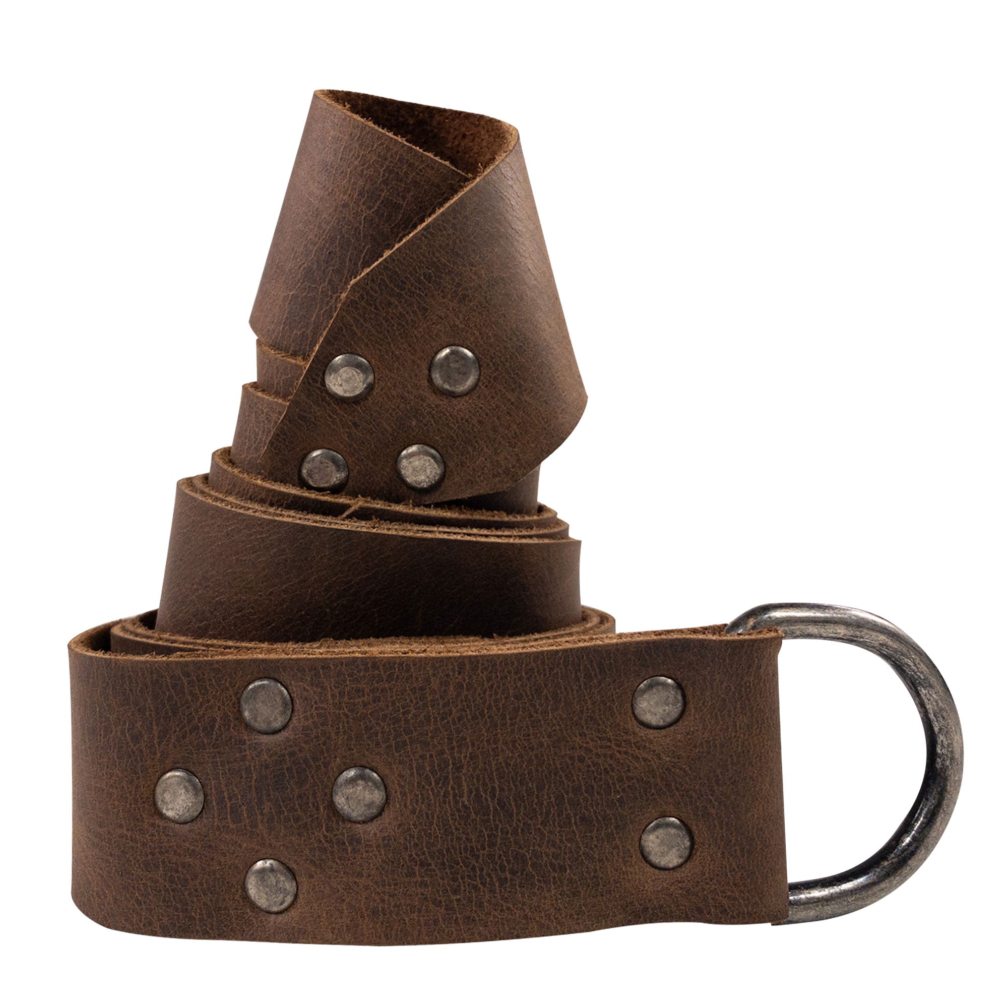 Rolled Viking Belt for Men by Valhalla Gear, demonstrating its Full Grain Leather quality and Half Ring Closure. This stunning belt is perfect for Renaissance enthusiasts and highlights stockyardX's dedication to small batch production, artisan craftsmanship, and handmade traditions in La Antigua Guatemala & Oaxaca Mexico.