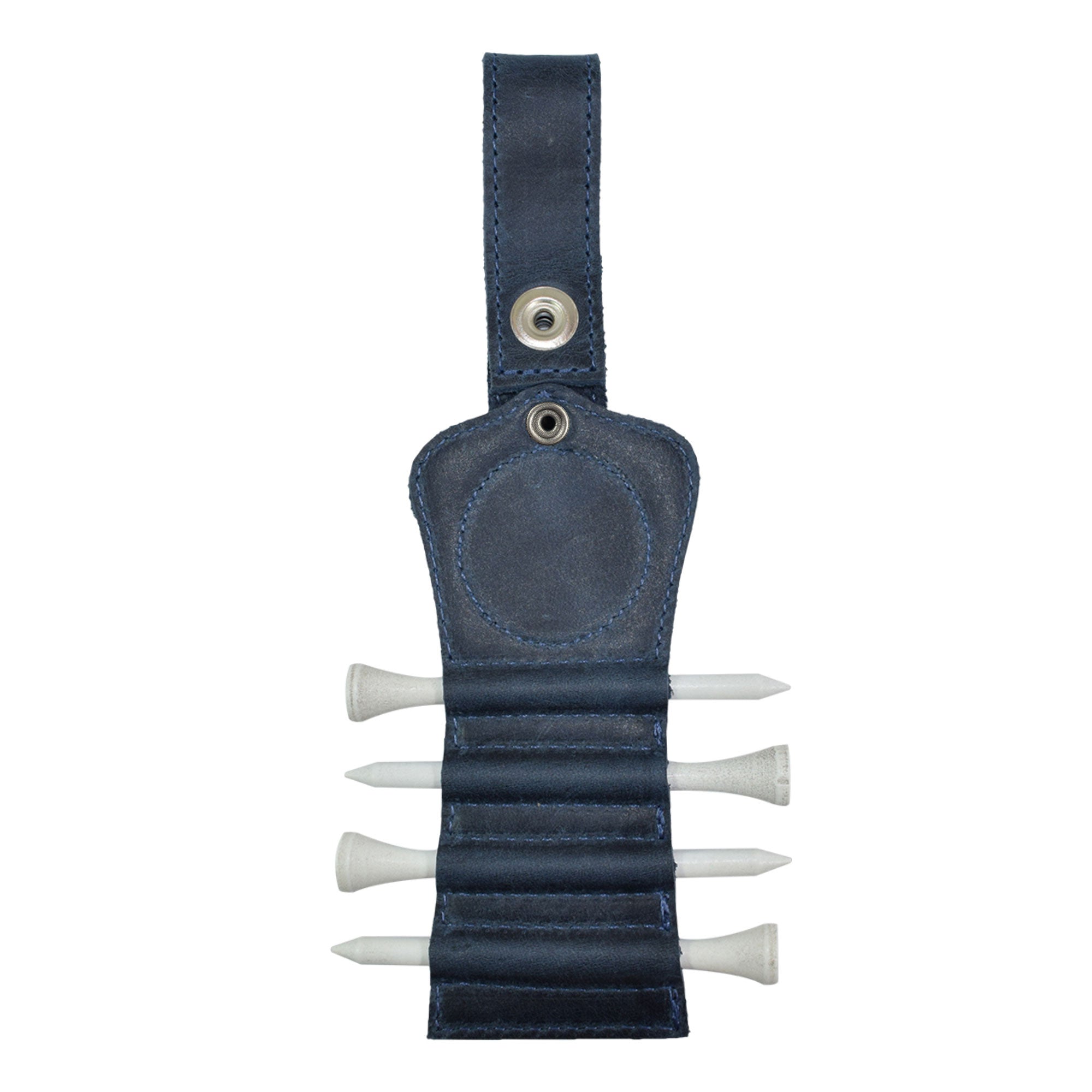 Interior slots of the navy Hide & Drink Golf Tee Holder showcased for clarity. This accessory combines functionality and style, perfect for attaching to golf bags or belts, handcrafted from full grain leather in La Antigua Guatemala.