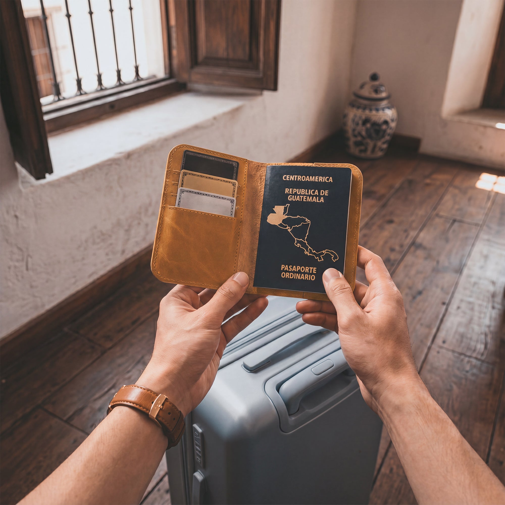 Front profile of the Hide & Drink Travel Wallet in a rich color. This travel wallet serves as a bifold passport case, handcrafted from premium leather in La Antigua Guatemala.