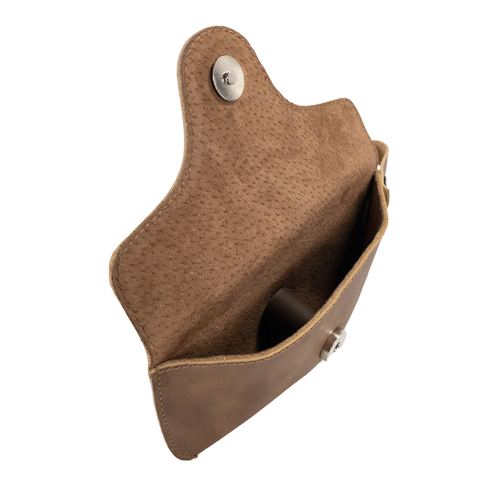 Closed Light Brown Eyeglasses Case with Strap by Hide & Drink, showcasing its elegant full grain leather design. This reliable sunglasses case acts as a durable protector for eyewear, symbolizing artisan craftsmanship from La Antigua Guatemala & Oaxaca Mexico.