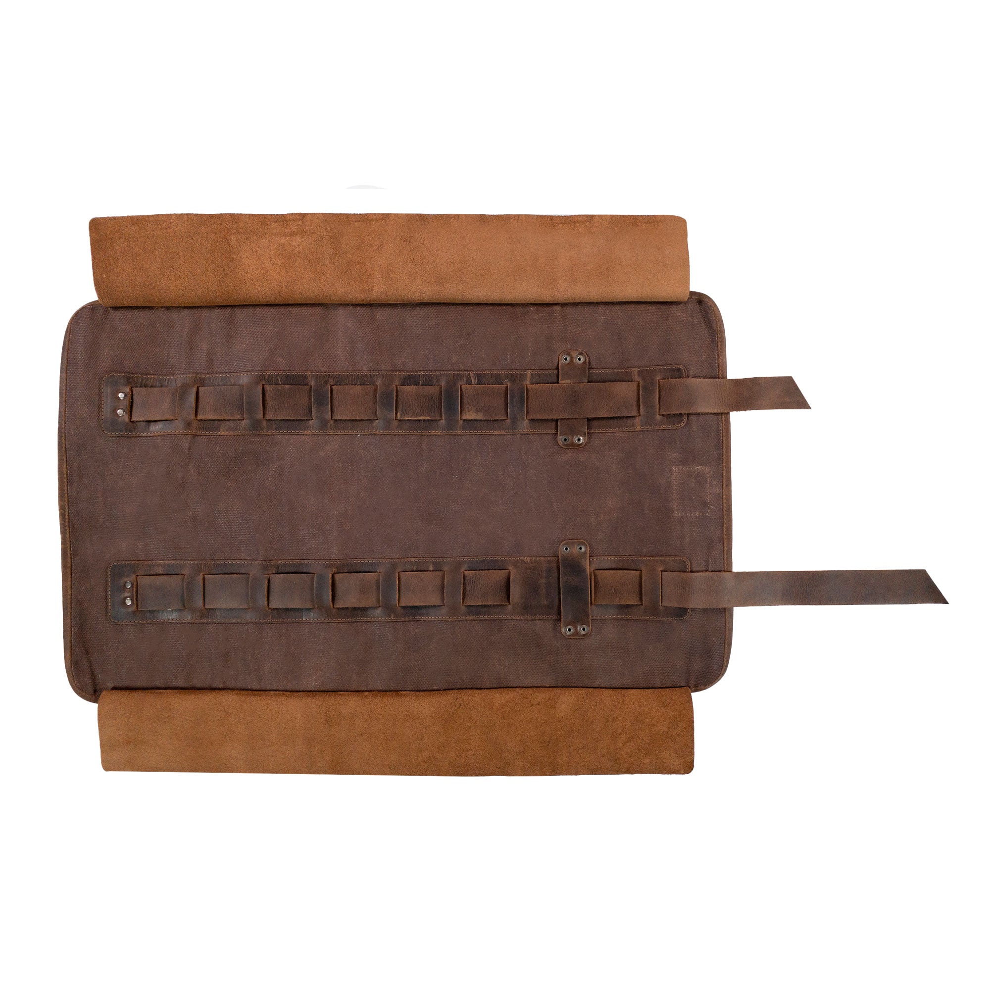 The back of the Knife Roll with 8 Slots by Cast Leather Co., showing its sturdy construction and adjustable straps. This portable knife organizer is designed for easy transport, making it a must-have cooking accessory for anyone passionate about culinary arts. Crafted in La Antigua Guatemala, it highlights fire branded artistry and high-quality materials.
