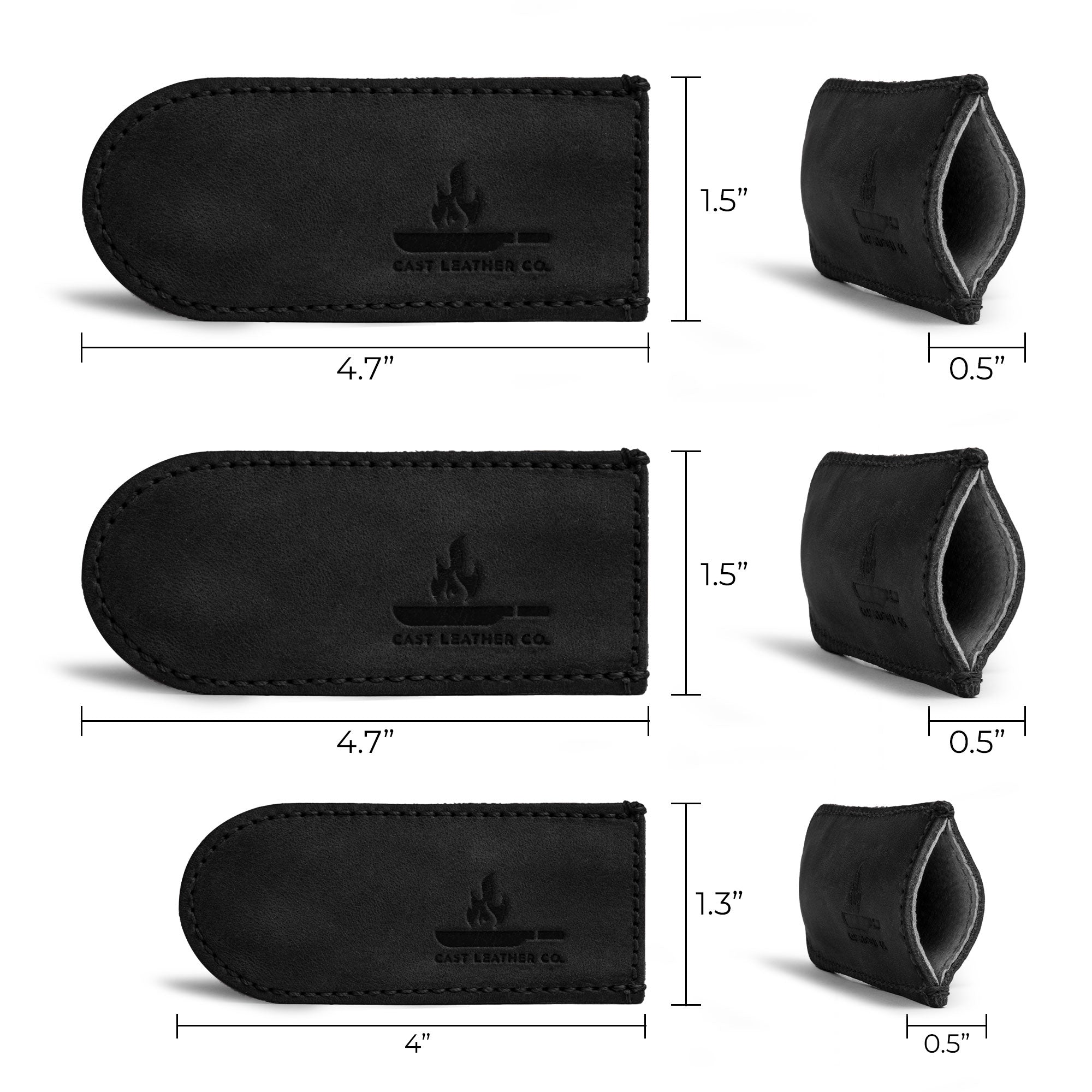 Dimensions of the black Hot Handle Covers (Set of 3) by Cast Leather Co., emphasizing the careful craftsmanship used in these heat resistant covers perfect for skillet handles. Handmade in La Antigua Guatemala and Oaxaca Mexico, these artisan pieces offer lasting durability.
