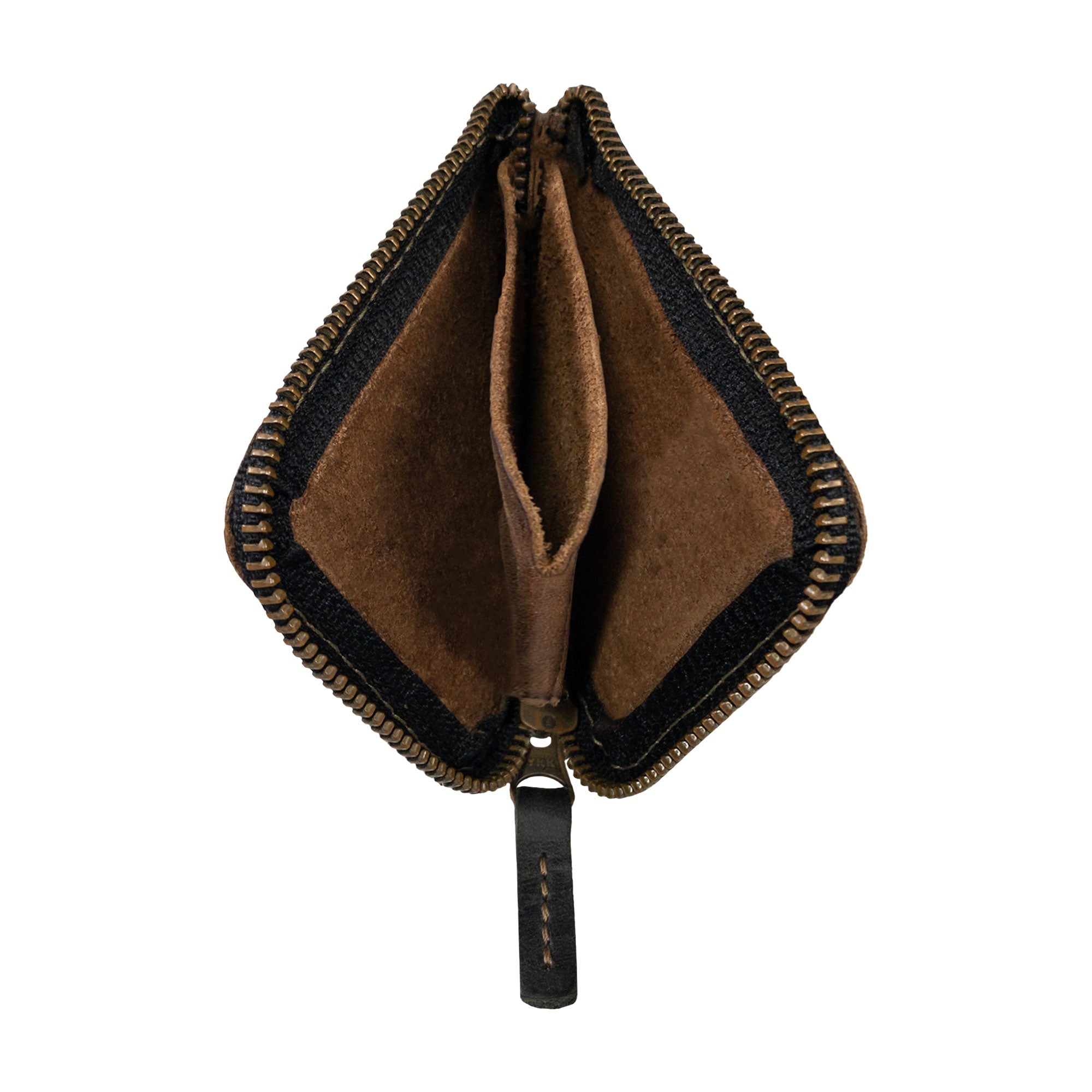 An open view of the Hide & Drink Card Pocket Wallet displaying its spacious compartments. This zippered card wallet for men and women is a perfect coin pouch and money holder made from luxurious full grain leather. Handmade in La Antigua Guatemala, highlighting artisan craftsmanship and small batch production.