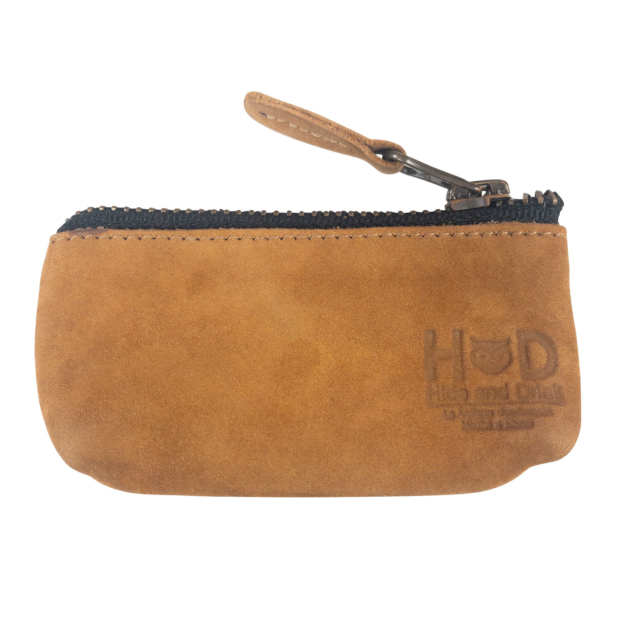 Hide & Drink Key Holder Zippered Pouch displaying packaging and product card, perfect as a gift item. Ideal for organizing keys, coins, or memory cards, crafted in full grain leather.