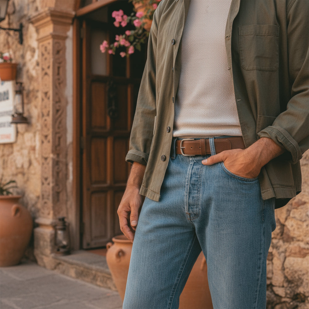 Classic Leather Belt with Glove Liner styled by La Leche on a model, showcasing how a full grain leather belt for men elevates casual jeans attire. This handmade belt underscores artisan craftsmanship from La Antigua Guatemala & Oaxaca Mexico, designed with precision through small batch production, hand cut, and fire branded details.