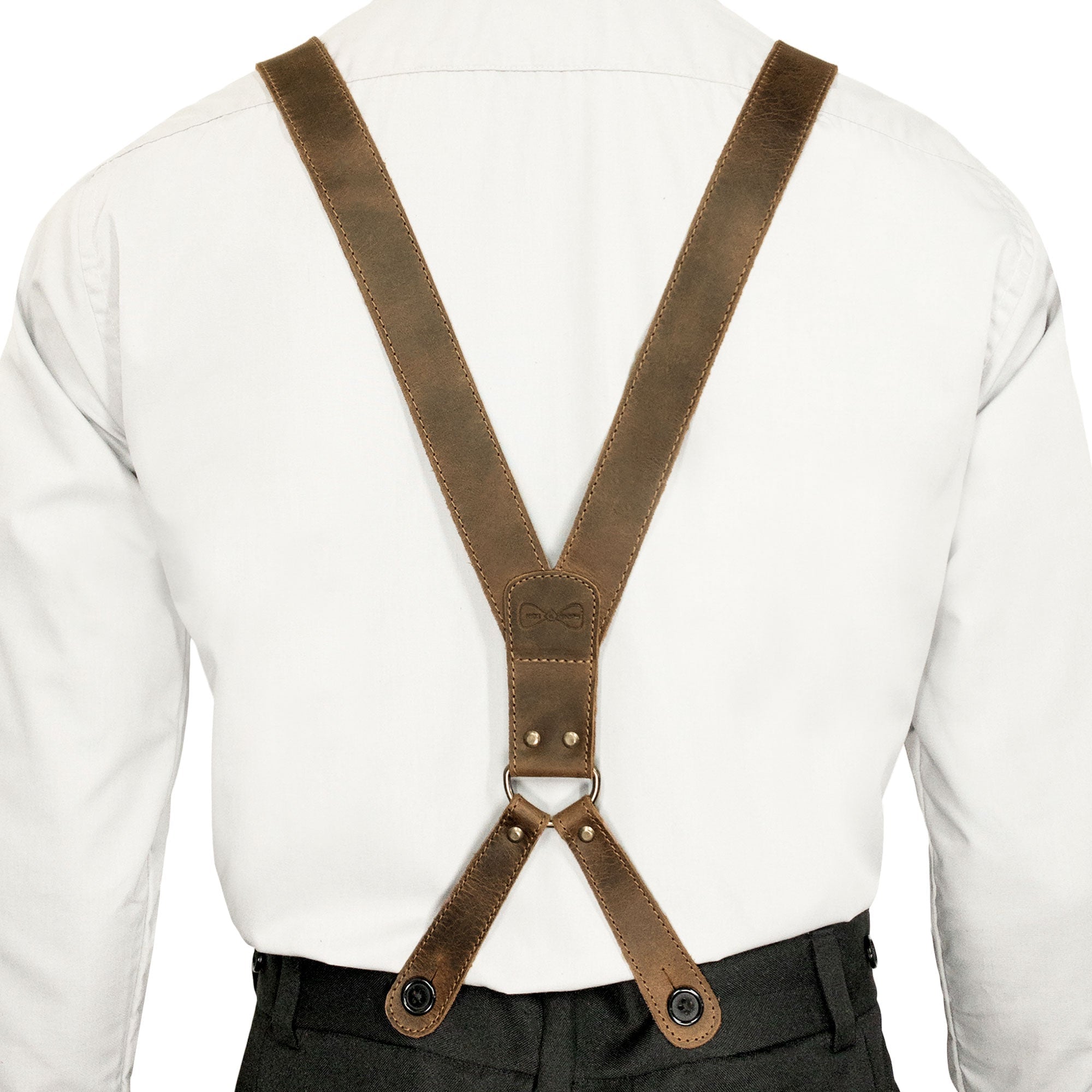 Back view of Rustic Button End Suspenders by Hide & Groom, designed with full grain leather for durability and style. Perfect for groomsmen, best men, and bachelors at wedding ceremonies and dinner parties, these handmade suspenders feature small batch production and artisan techniques in La Antigua Guatemala & Oaxaca Mexico.