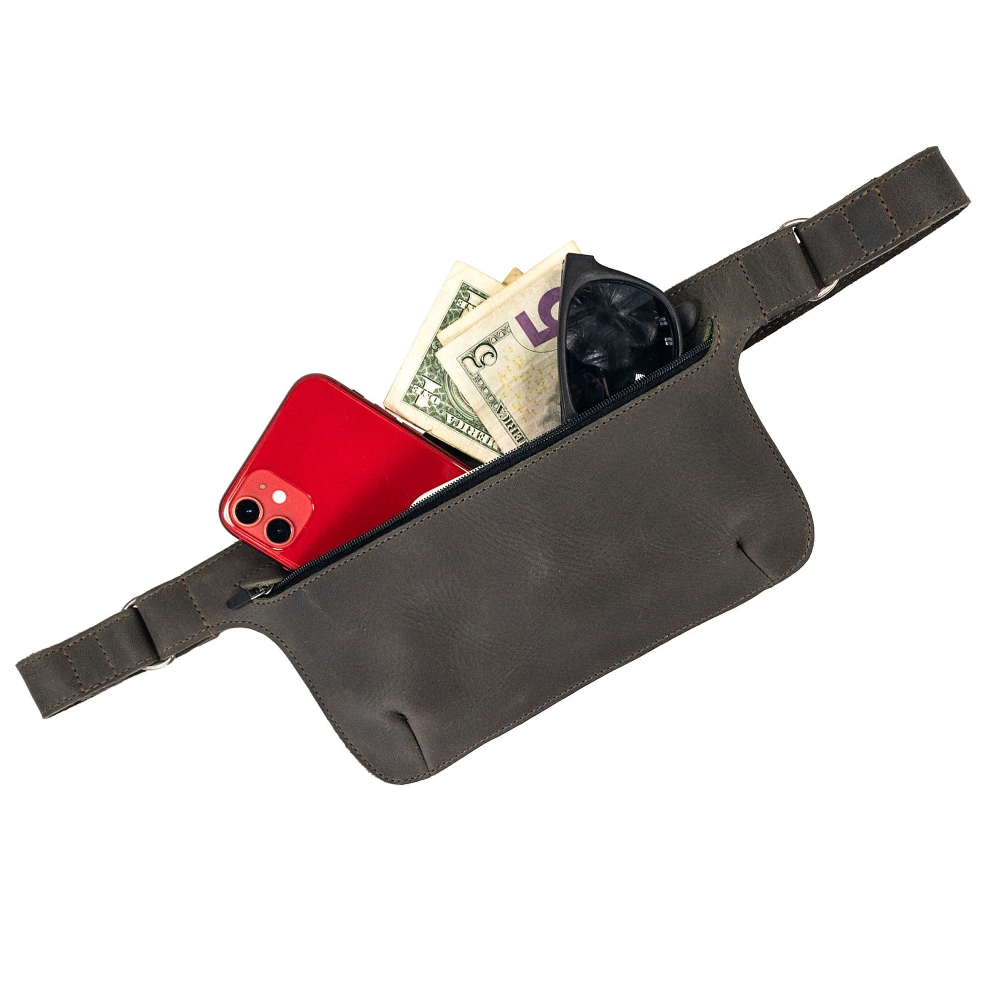 Slim Fanny Pack by Hide & Drink showing close-ups on stitching and details, highlighting craftsmanship in full grain leather. Ideal for carrying essentials, this artisan piece is handmade in La Antigua Guatemala.