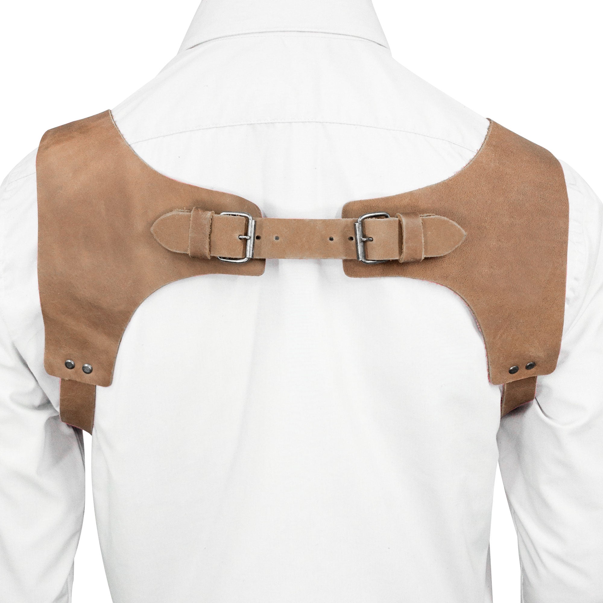 Back view of tan Renaissance Suspenders by Hide & Drink, displaying premium leather craftsmanship. Perfect for groomsmen, these back support harness for men are hand sewn and fire branded.