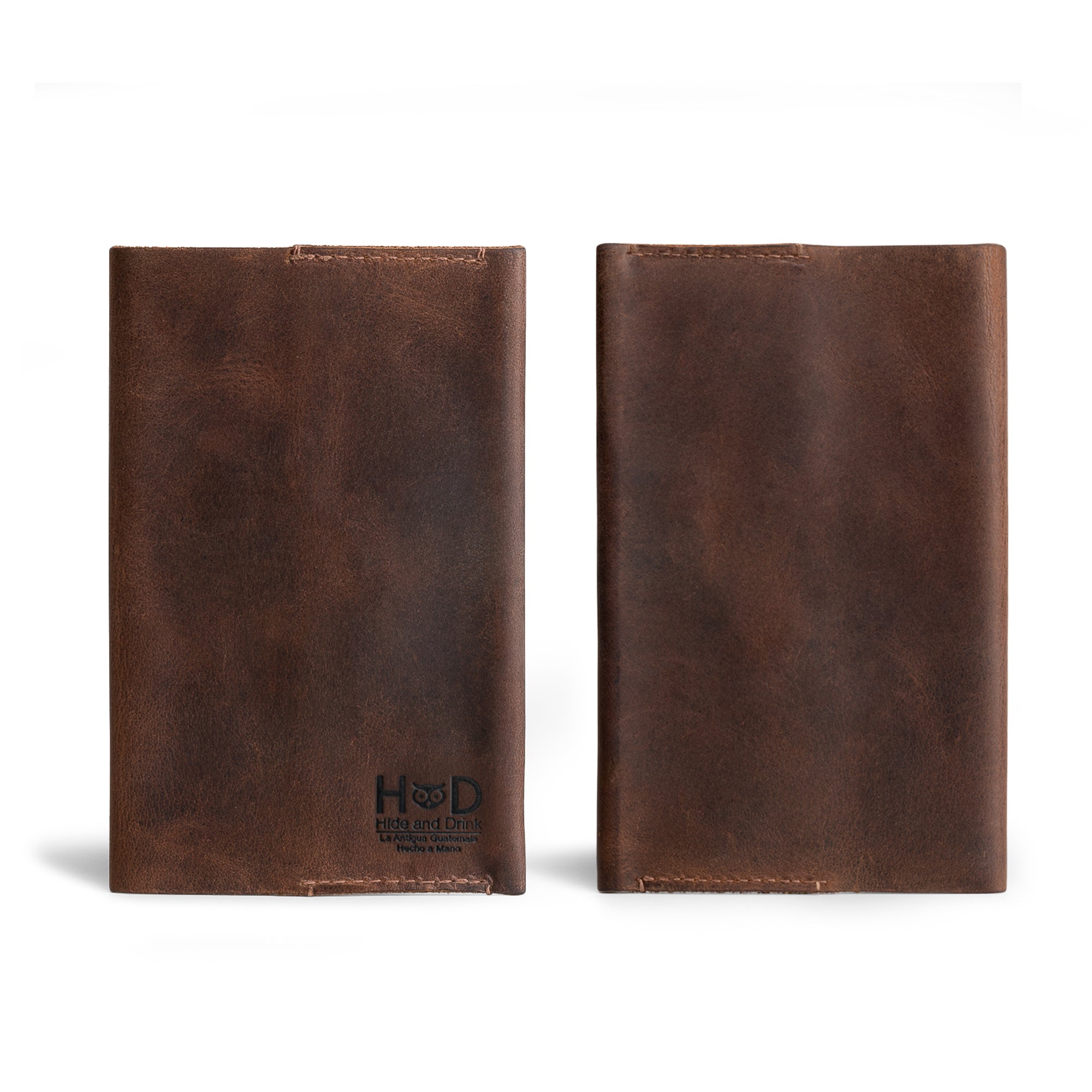 Hide & Drink Field Notes Cover viewed from the outside, embodying a compact pocket-sized memo books cover compatible with Field Notes (3.5 x 5.5 in.) journal case. Features a card slot and is handmade from full grain leather, designed for travelers and creatives.