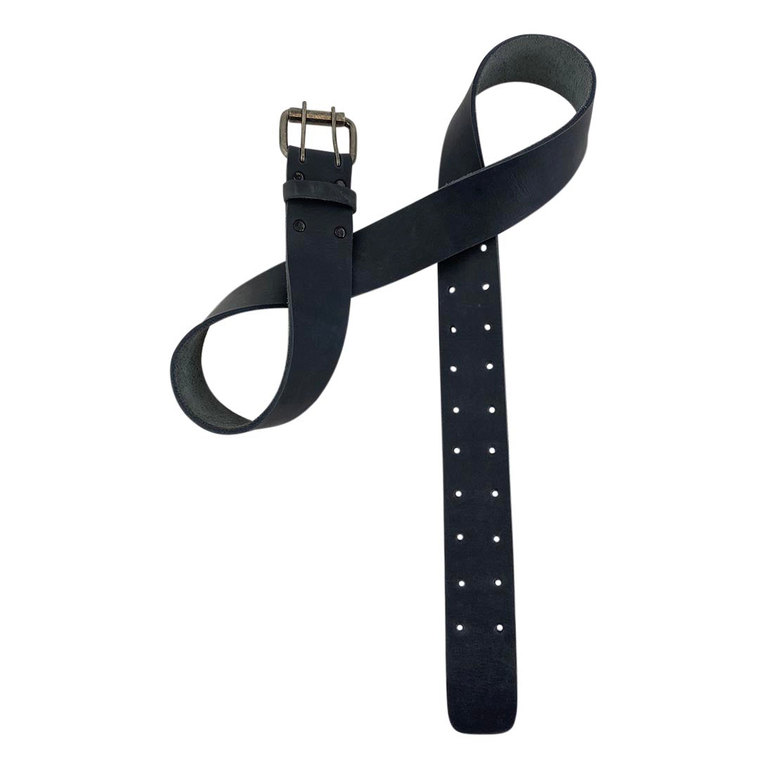Twisted display of the black Reinforced Double Prong Buckle Belt by Hide & Drink, showcasing its rustic buckle and leather. This belt is 1.5 in. wide and crafted from full grain leather, illustrating stockyardX quality and small batch production, with hand cut, hand sewn, and fire branded artisan craftsmanship, made in La Antigua Guatemala & Oaxaca Mexico.
