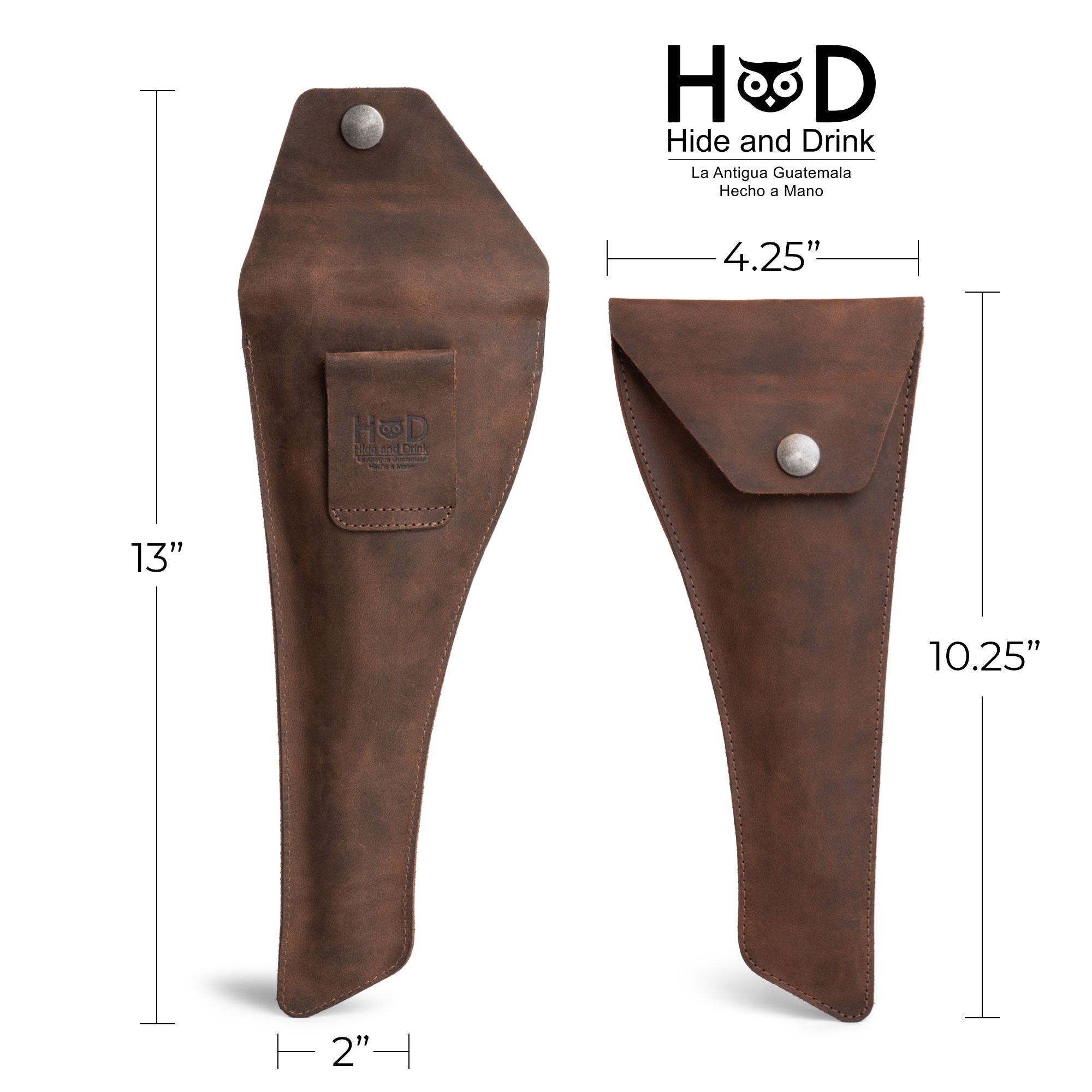 Hide & Drink Vernier Caliper Sleeve displayed with dimensions, emphasizing its practicality as a Measuring Tool Pouch made from durable Full Grain Leather. This handmade item reflects artisan craftsmanship from La Antigua Guatemala, perfect for tool protection.