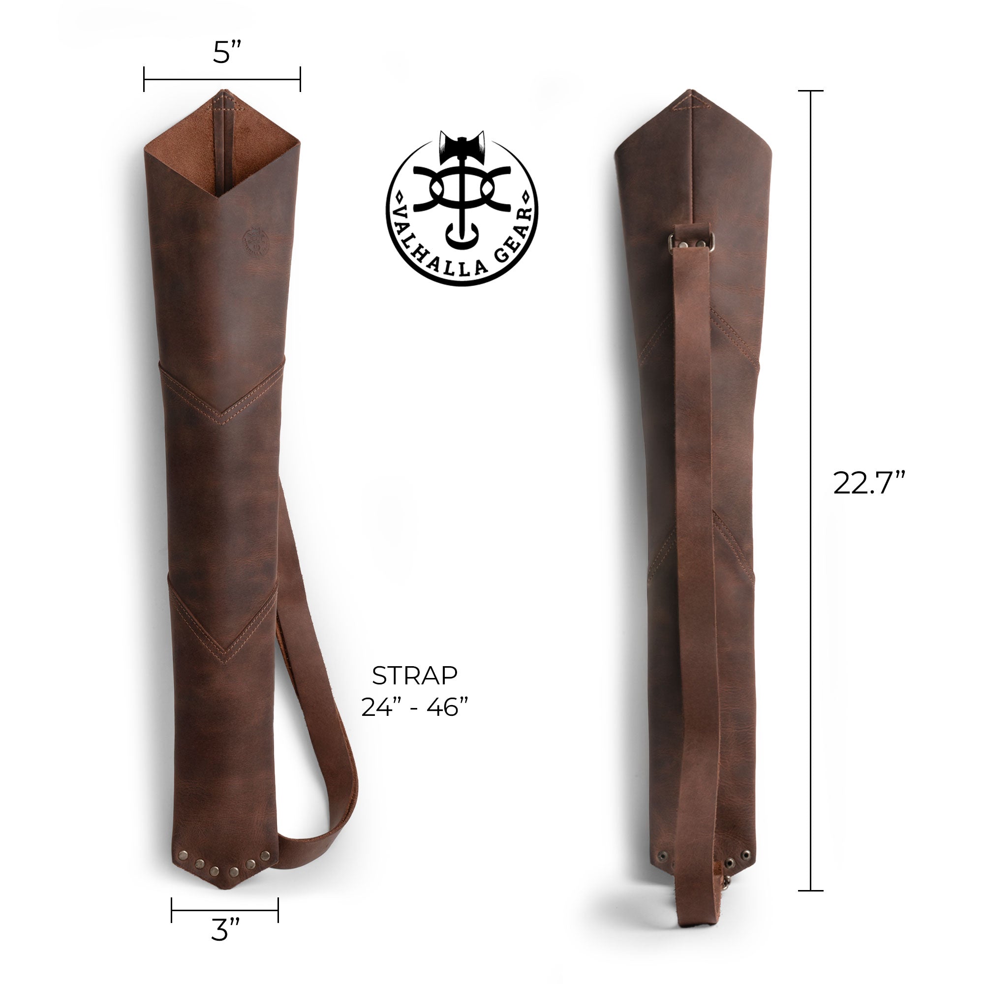 Specifications of Valhalla Gear's Back Quiver highlighting its dimensions and strap features. This full grain leather quiver is a must-have for archery, serving as a vintage holder for shooting practice. Each piece is uniquely crafted through artisan techniques, ensuring a reliable accessory for outdoor activities.