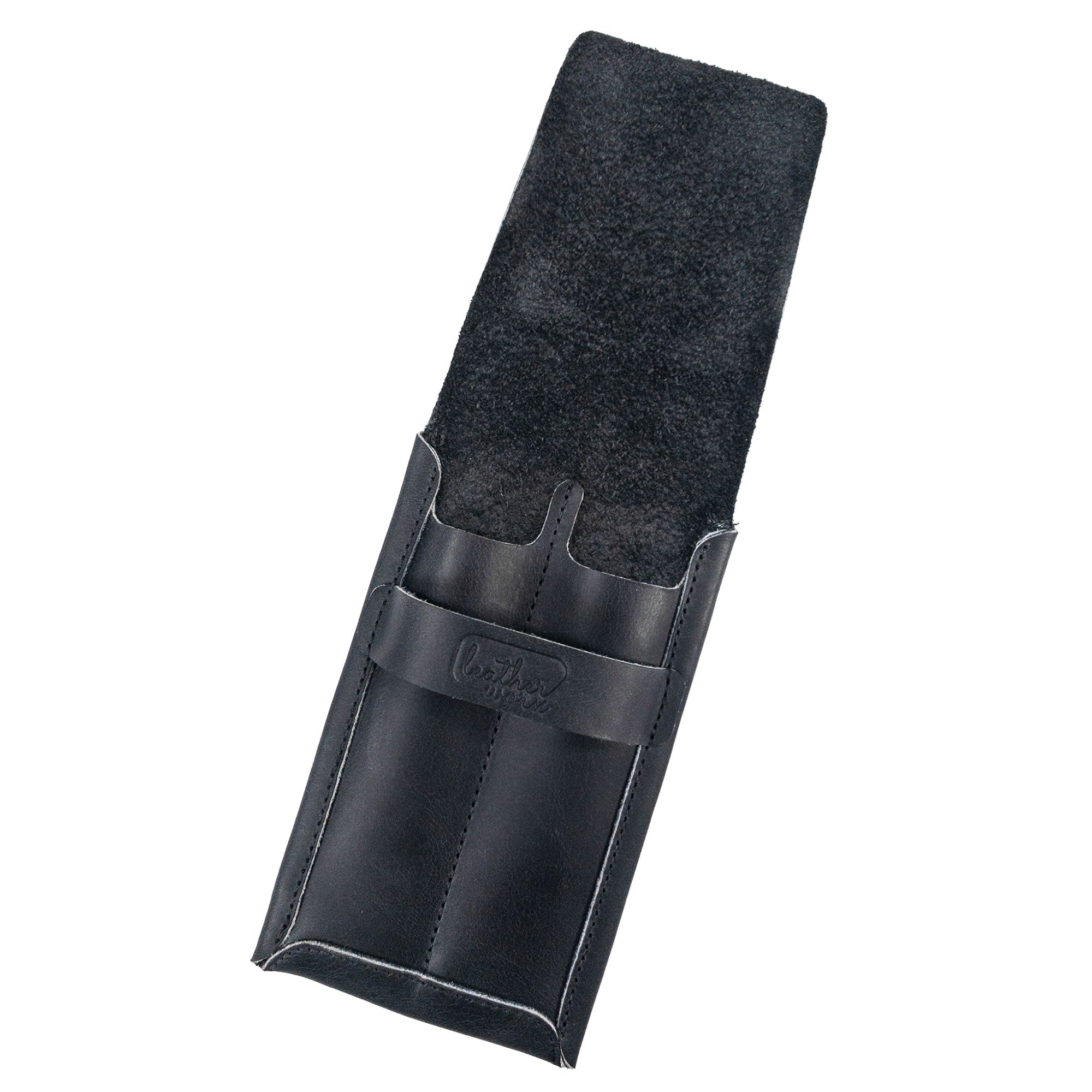 Open view of the Leather Worx Double Pen Case showcasing its functional design with a soft suede lining, made from premium Full Grain Leather. This piece is rooted in StockyardX's Small Batch Production, Hand Cut and Hand Sewn by artisans, featuring a Fire Branded mark, handmade in La Antigua Guatemala.