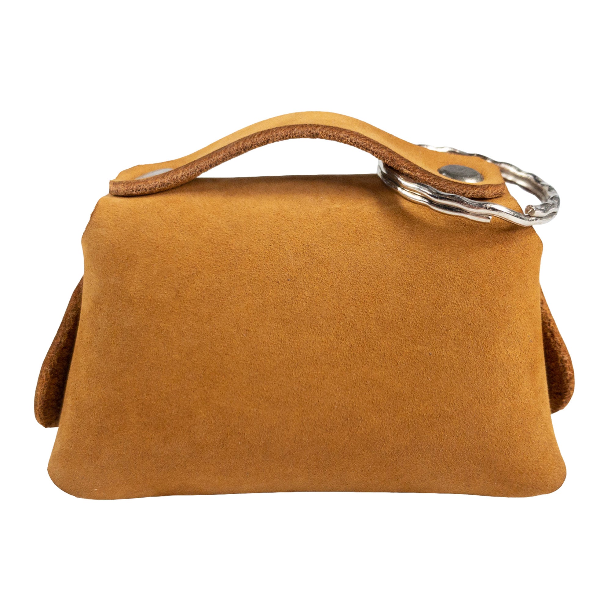 Back view of the mustard Tiny Handbag Keychain by Hide & Drink, displaying the charming design of a Tiny Handbag with Key Ring Holder made from Full Grain Leather. This product emphasizes Small Batch Production, is Hand Cut, Hand Sewn, and Fire Branded, representing Handmade craftsmanship from La Antigua Guatemala & Oaxaca Mexico.