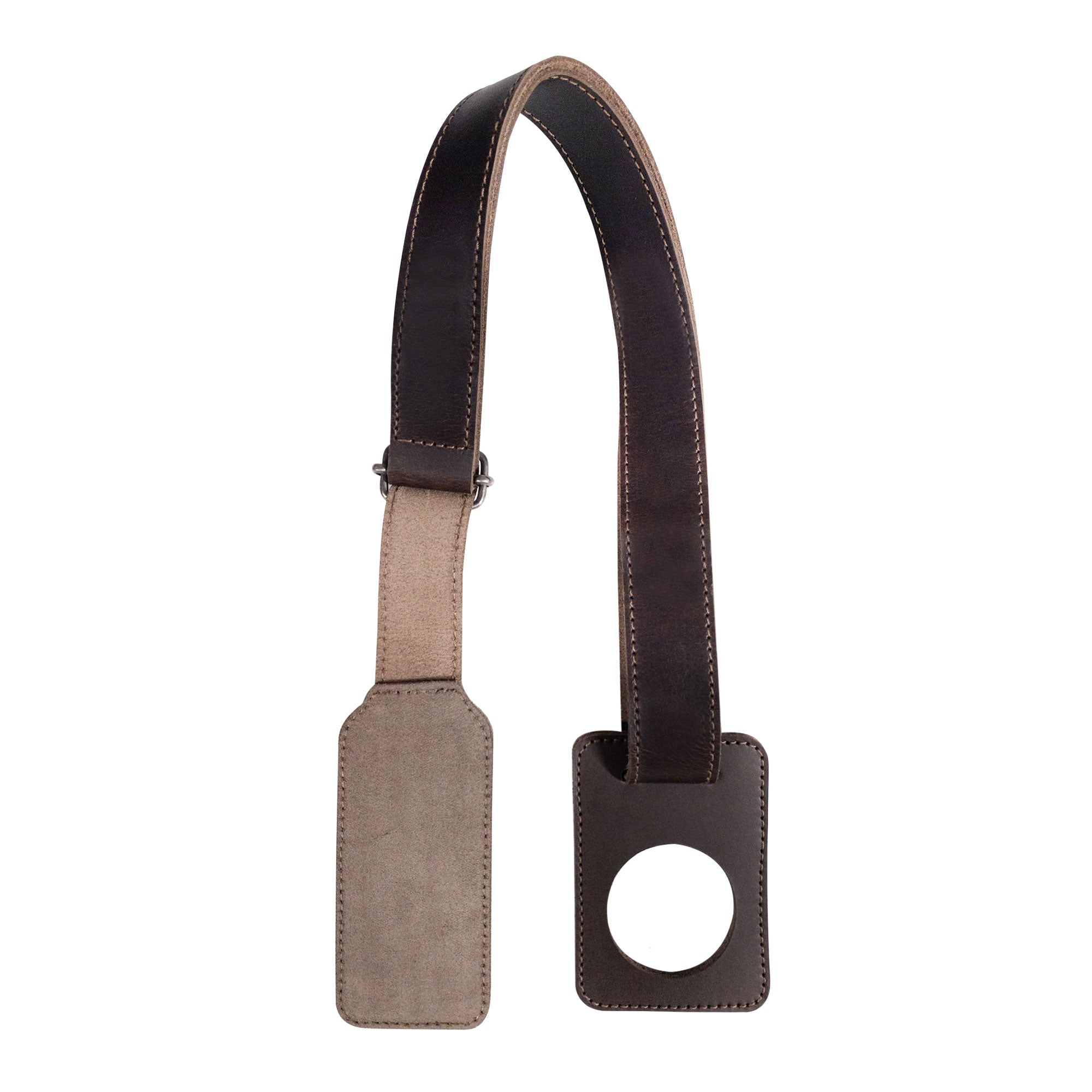 The stylish underside of the Cello Endpin Adjustable Strap Stopper by tocame, showing its dual-tone design and added functionality as a floor protector. This artisan-crafted musician accessory is made from durable full grain leather and showcases expert hand cut and hand sewn techniques.