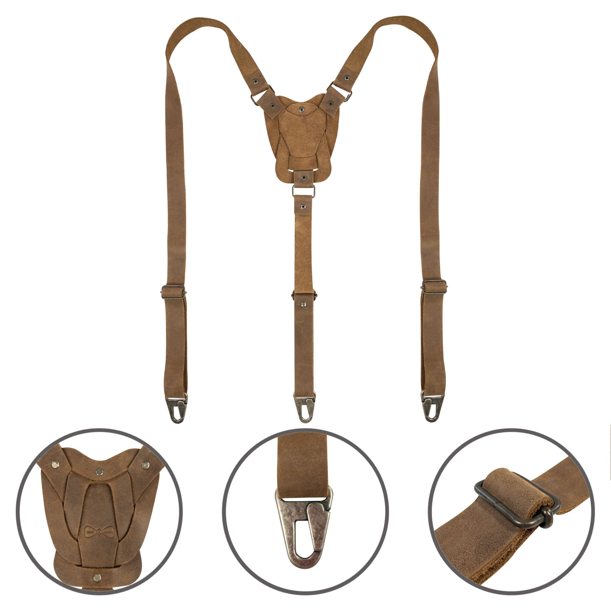 Detailed view of Rustic Suspenders with Adjustable Size Straps for Men by Hide & Groom, crafted using Full Grain Leather. Perfect for weddings and Steampunk style, showcasing artisan techniques through hand cut and hand sewn production.