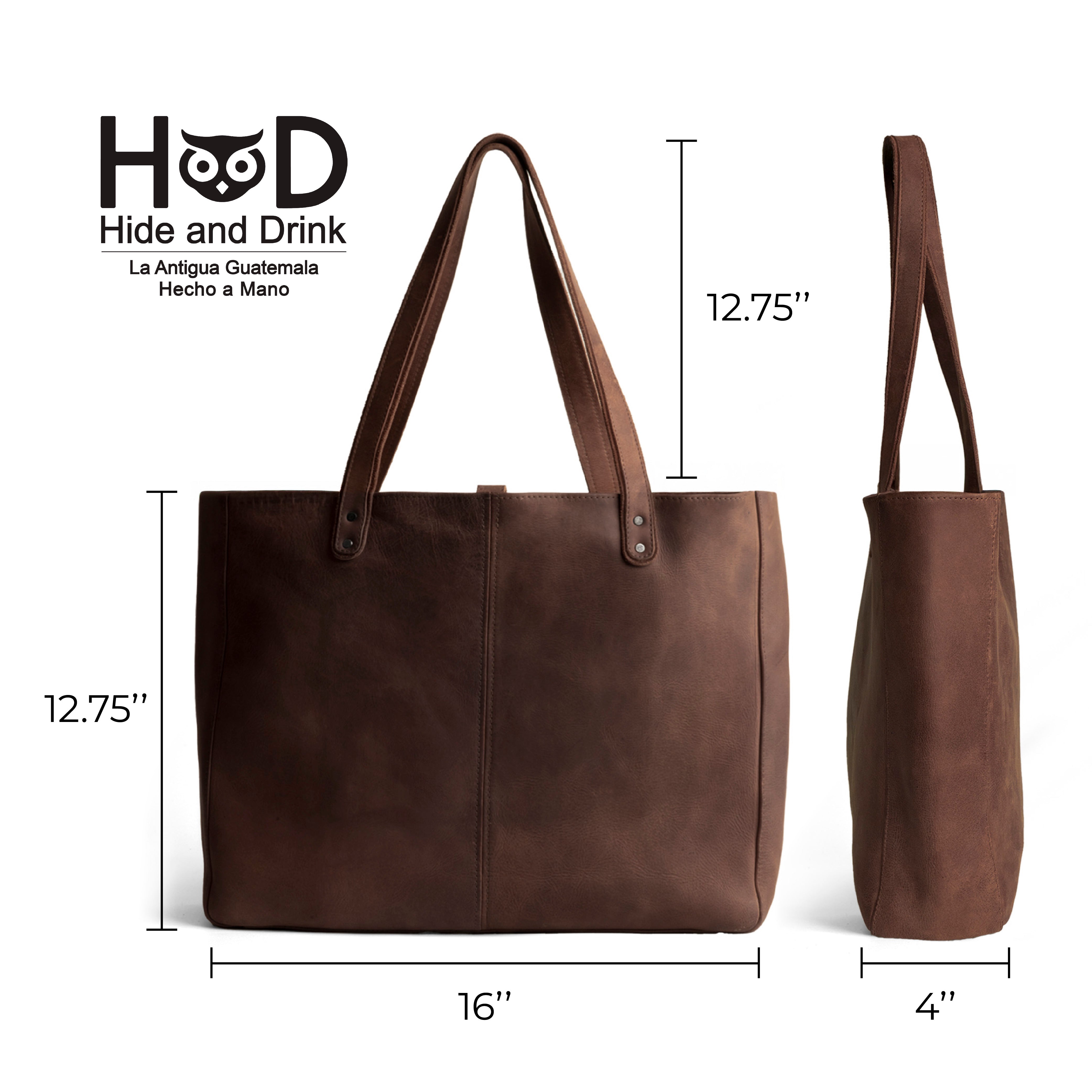 Detailed specifications of the Formal Tote Bag from Hide & Drink, highlighting its dimensions of 16 inches wide and 12.75 inches tall, making it the perfect large shoulder bag for work. This brown ladies laptop tote is crafted from quality full grain leather, emphasizing the artisan craftsmanship that goes into making each bag unique.