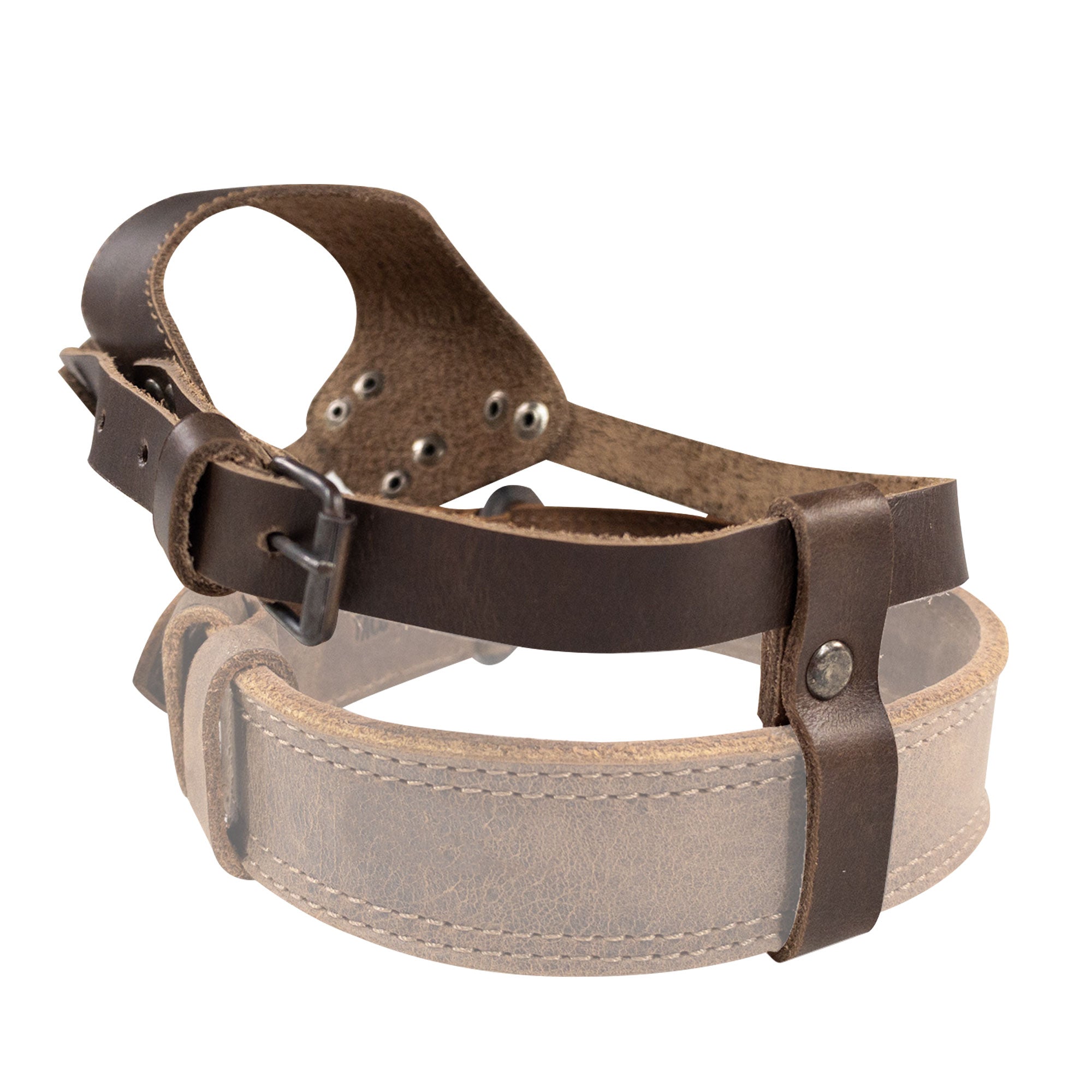 The back view of the Adjustable Dog Muzzle by Taco Dog, showcasing its adjustable strap and handcrafted full grain leather construction. Ideal for keeping your dog safe, this muzzle represents artisan quality from La Antigua Guatemala.