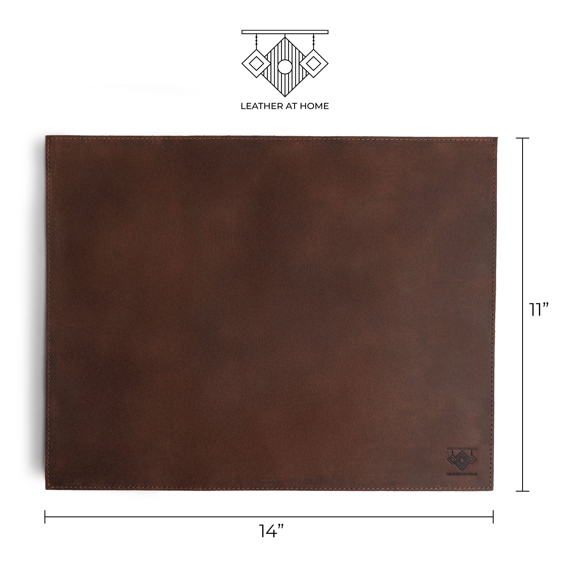 Rectangular Place Mat from Leather At Home, measuring 14 by 11 inches. This genuine placemat is part of the 4 pack collection made of full grain leather, showcasing the artisan touch of being hand cut and hand sewn in La Antigua Guatemala & Oaxaca Mexico.