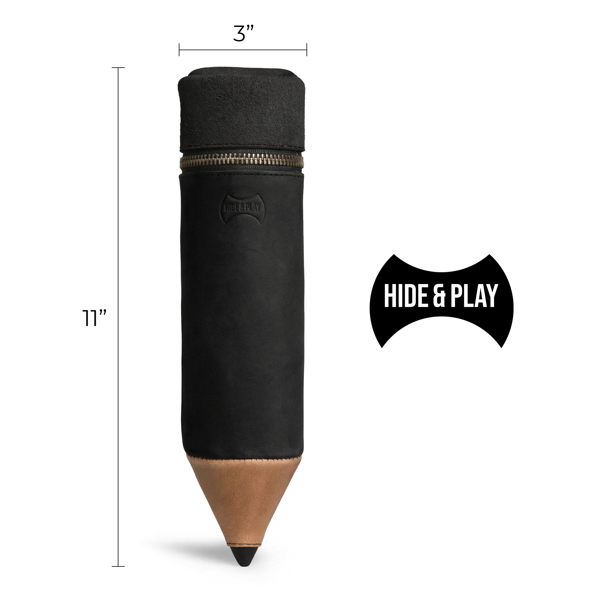 Illustration of the dimensions of the Pencil-Shaped Case by Hide & Play, measuring 11 inches tall and 3 inches wide. This full grain leather case is designed for storing pens, pencils, markers, and office accessories with a blend of style and functionality.