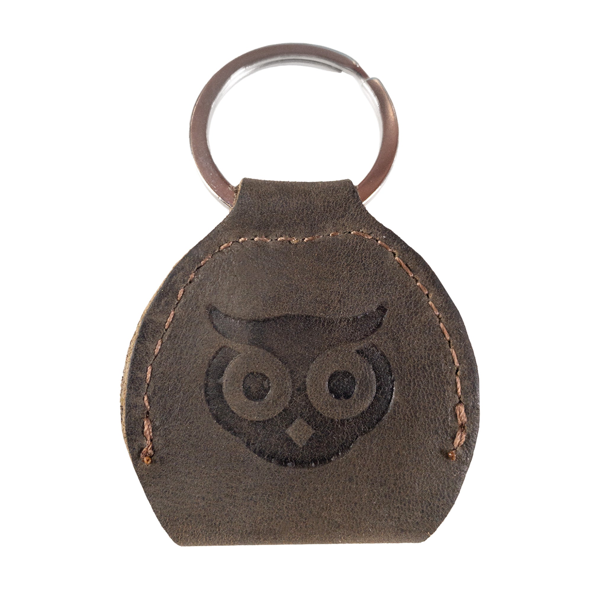 Back view of the Key Chain & Guitar Pick Holder by Hide & Drink with unique rustic details. This Guitar Pick Holder with Ring serves as a practical key organizer for guitar players and is crafted from Full Grain Leather. It reflects the essence of small batch production with Hand Cut and Hand Sewn techniques, showcasing a fire branded logo, handmade in La Antigua Guatemala & Oaxaca Mexico.