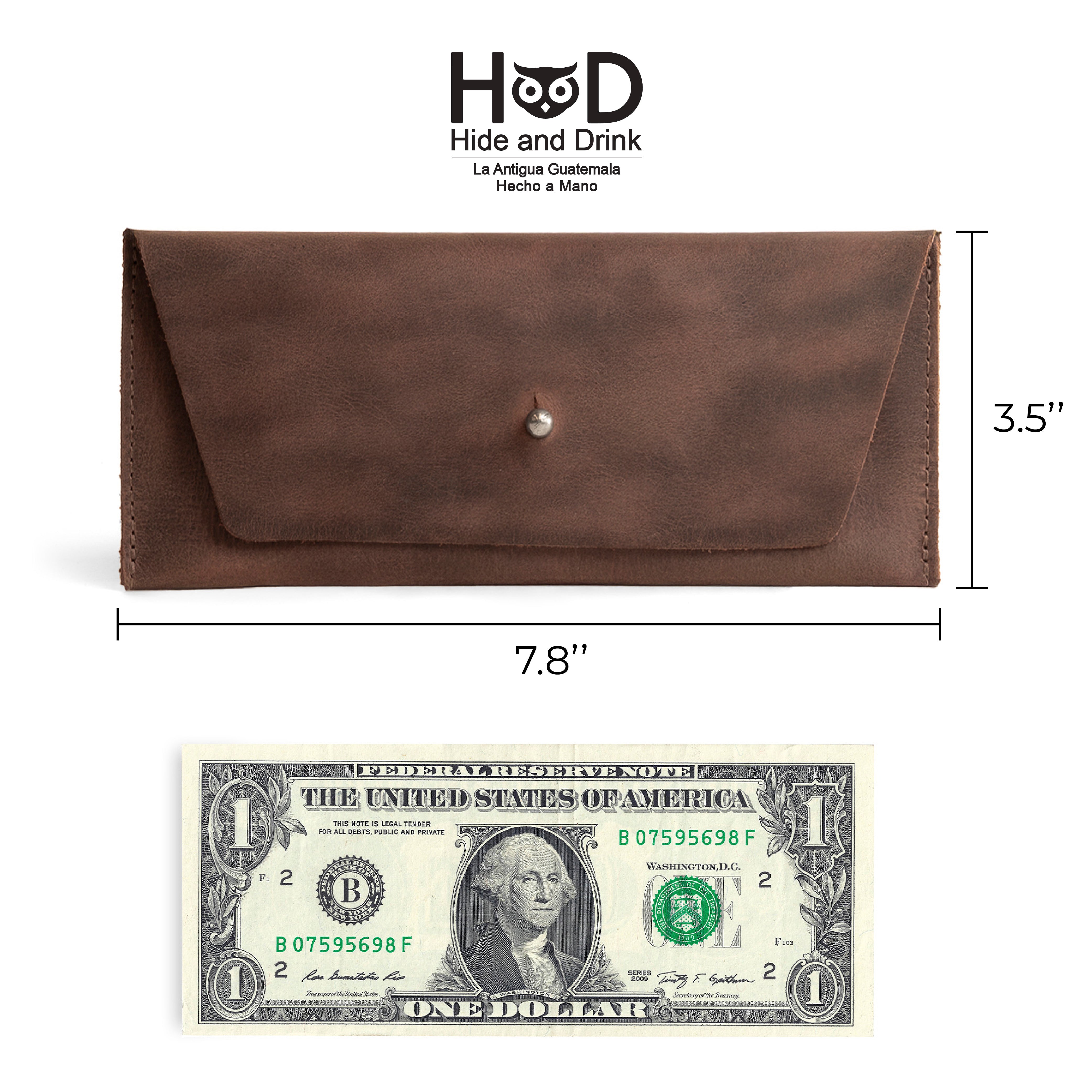 Dimensions of the Long Utility Pouch by Hide & Drink showcased next to a dollar bill for scale. This attractive handmade wallet is perfect for storing cash and cards while being an elegant accessory.