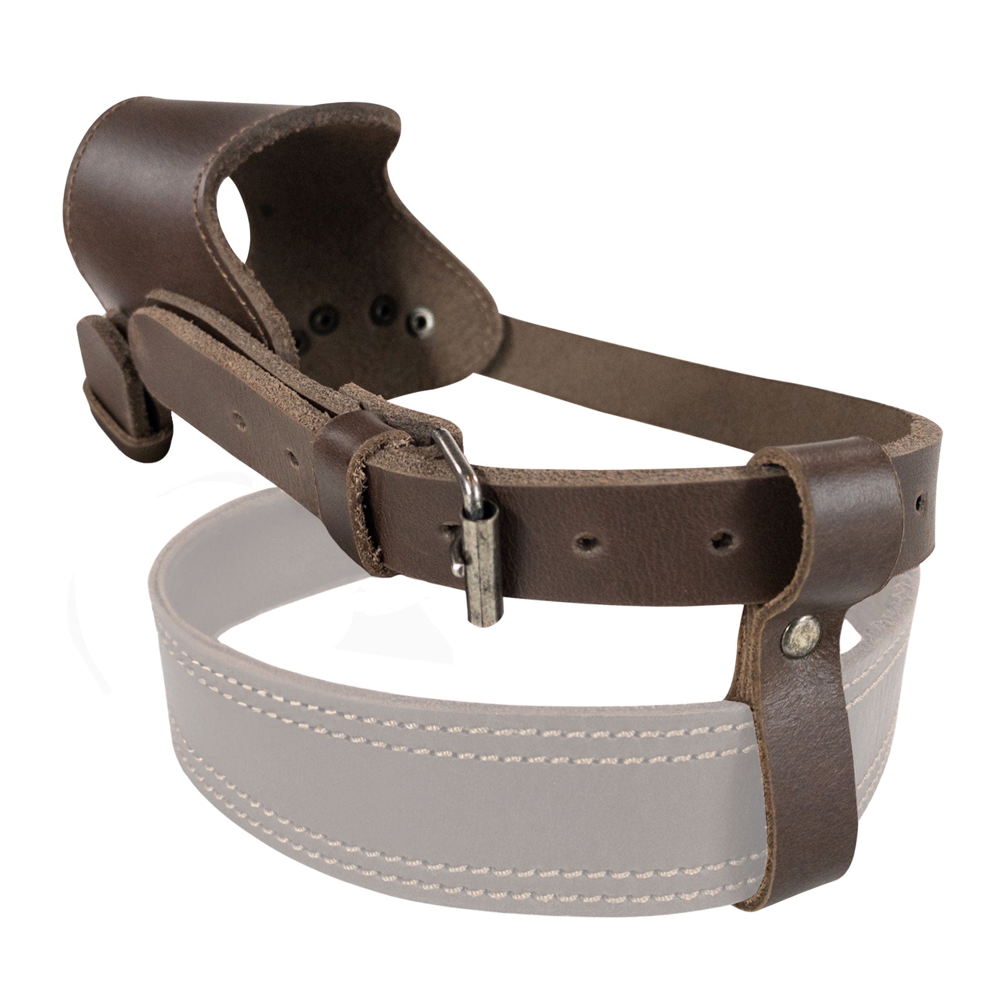 A distinctive side view of the Adjustable Dog Muzzle by Taco Dog, reflecting its stylish design and comfortable fit for dogs. Handmade from full grain leather in La Antigua Guatemala, this muzzle combines artisan craftsmanship with practicality.