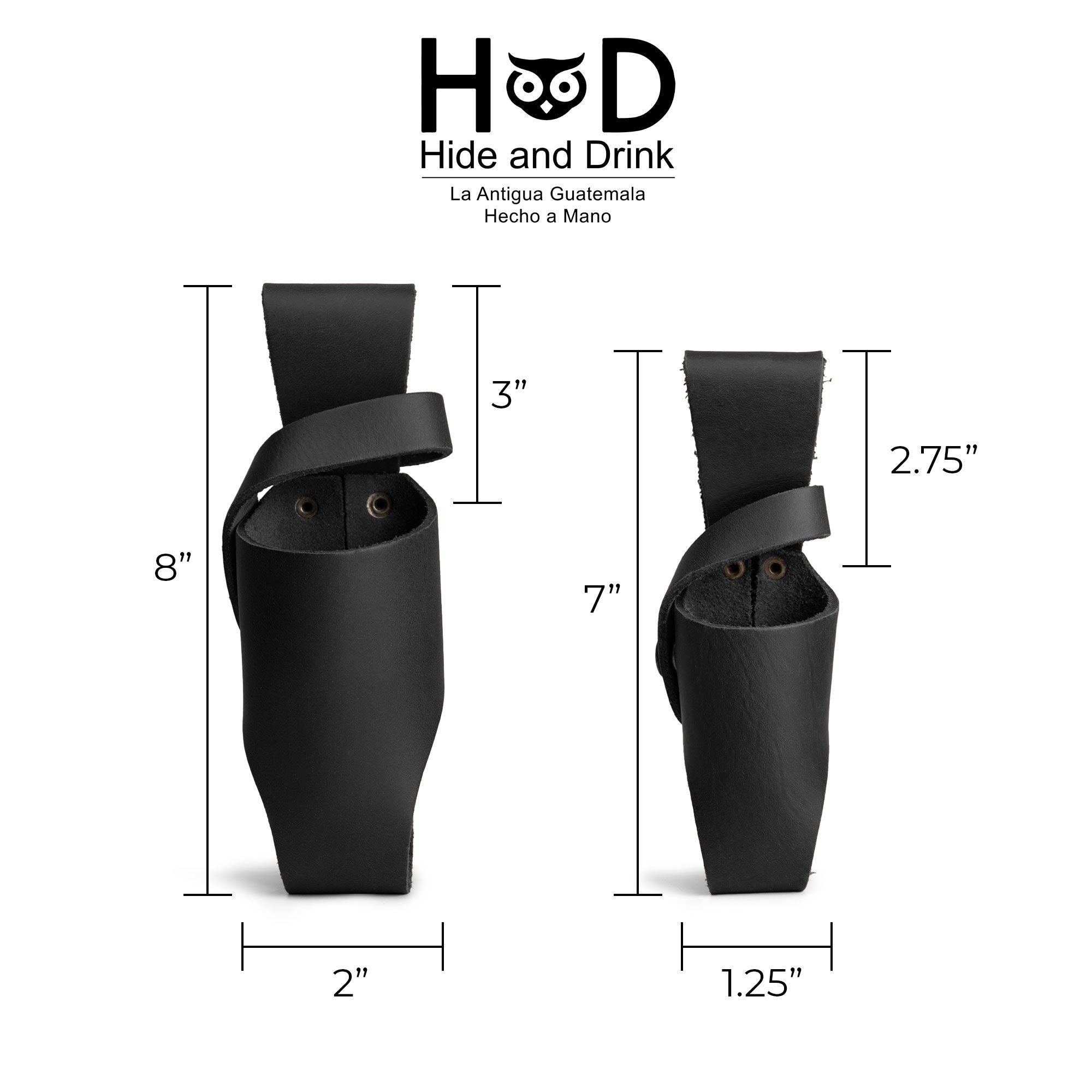 Hide & Drink Tabasco Holsters (2pk) illustrating elegantly crafted holders for 5oz and 2oz hot sauce bottles. Perfect for Tabasco and Cholulah sauces, these full grain leather items highlight the artisan process and small batch production from La Antigua Guatemala & Oaxaca Mexico.
