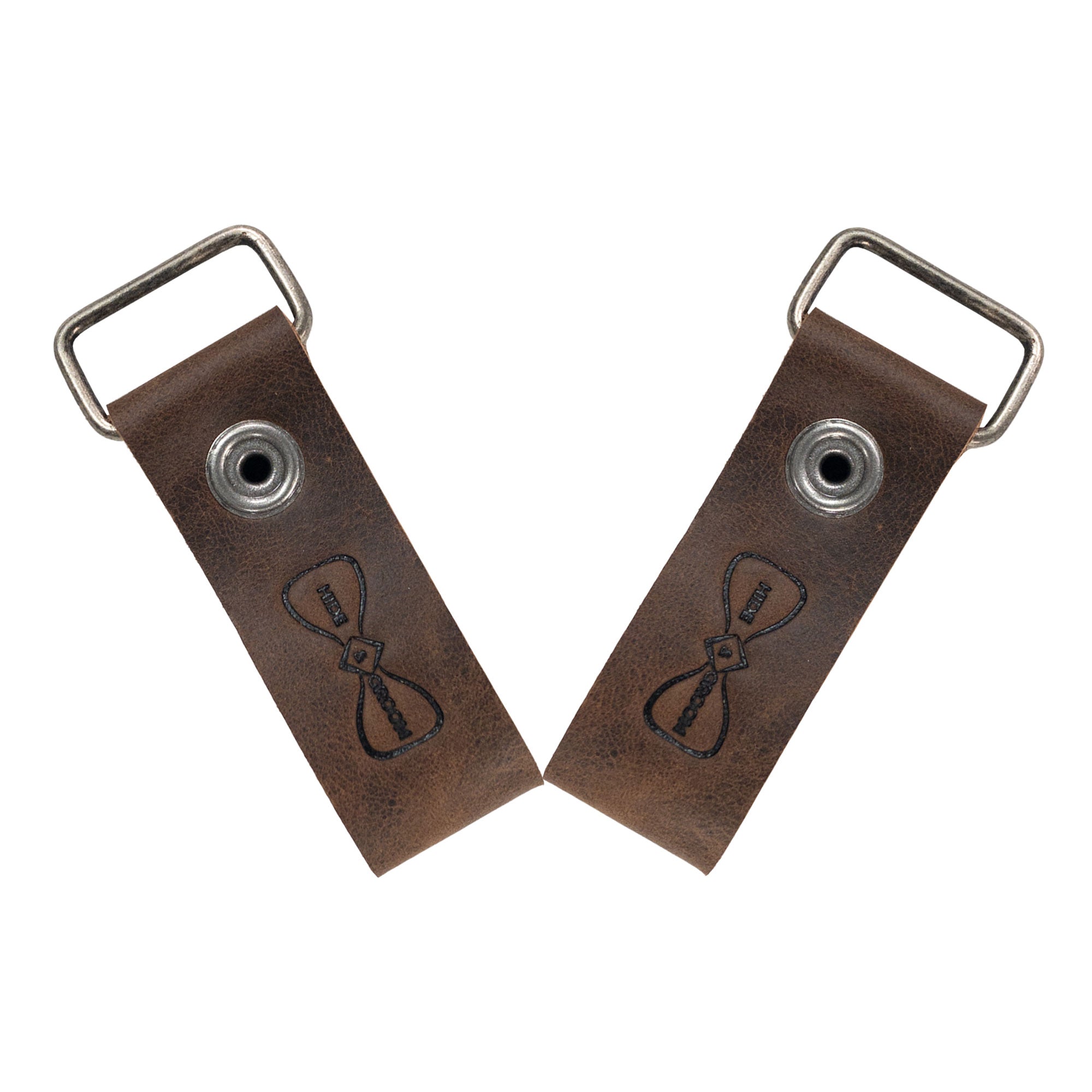 A detailed look at the back of the Set of 2 Suspender Loop Attachments with Snap Closure by Hide & Groom, featuring unique engravings on the leather. Set of 2 Suspender Loops Attachment for Men with Snap Closure, Heavy Duty, Wedding Accessories, Full Grain Leather, StockyardX, Small Batch Production, Hand Cut, Hand Sewn, Fire Branded, Artisan, Handmade in La Antigua Guatemala & Oaxaca Mexico.