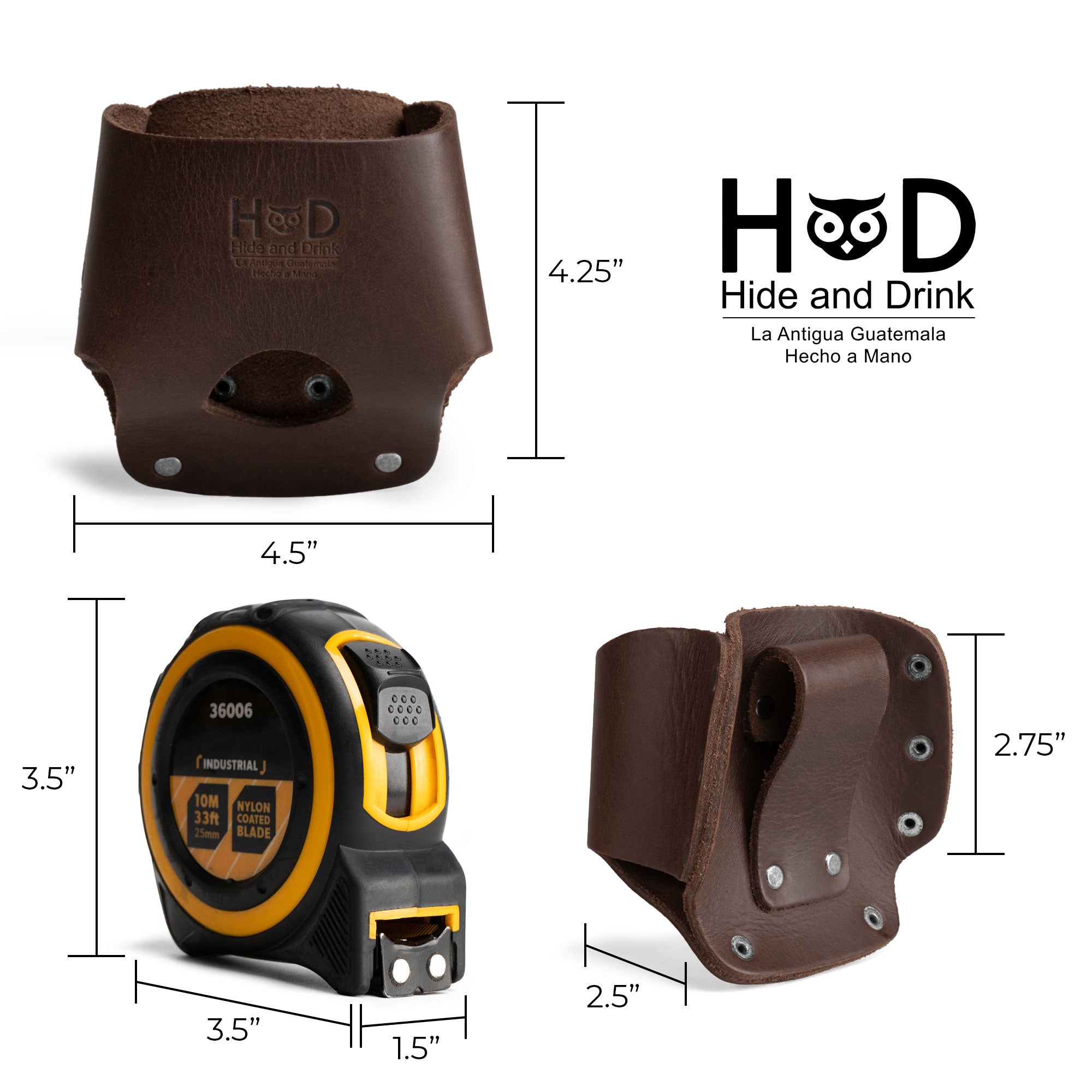 Hide & Drink's Large Tape Holster displayed with dimensions highlighted, emphasizing its ergonomic design for tradespeople. Made with durable materials and ideal for tool organization, handmade in La Antigua Guatemala.