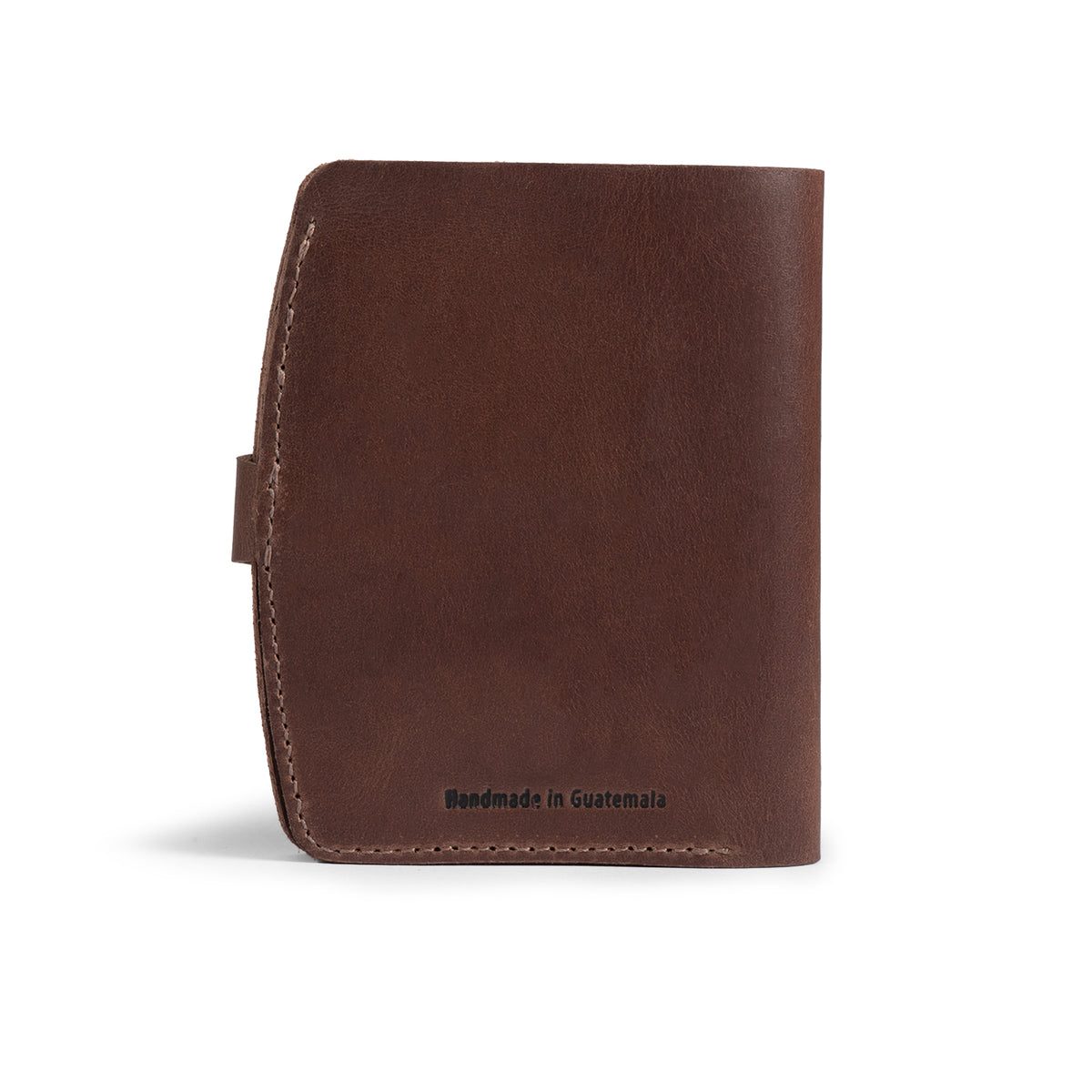 Back view of the Austin Genuine The Waterloo Bifold Wallet in smooth brown Full Grain Leather, featuring artisan stitching and Handmade in Guatemala branding. StockyardX, Small Batch Production, Hand Cut, Hand Sewn, Fire Branded, Artisan, Handmade in La Antigua Guatemala & Oaxaca Mexico.