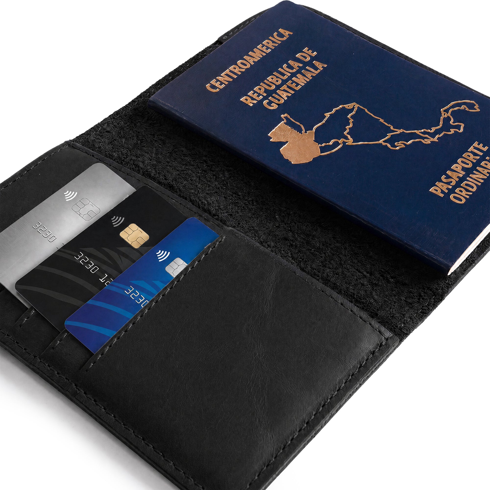 Inside view of the Hide & Drink Travel Wallet, featuring practical slots for cards and cash. This travel wallet acts as a stylish bifold passport case, artisan-made in La Antigua Guatemala.