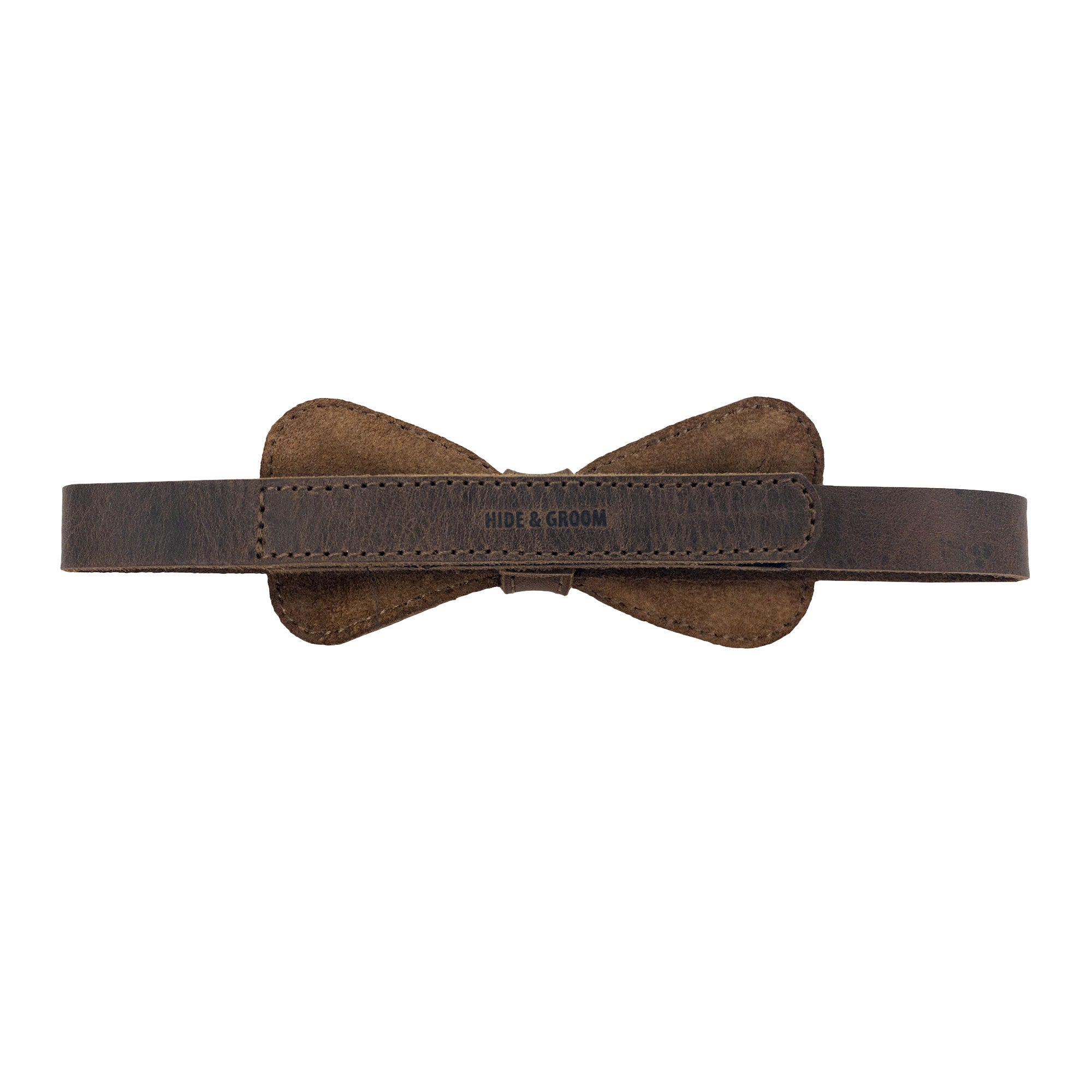 Back view of the Rounded Bow Tie for Groomsmen by Hide & Groom, featuring a sleek design made from high-quality full grain leather. This artisan bow tie is perfect for groomsmen looking to elevate their formal wear with handcrafted elegance.