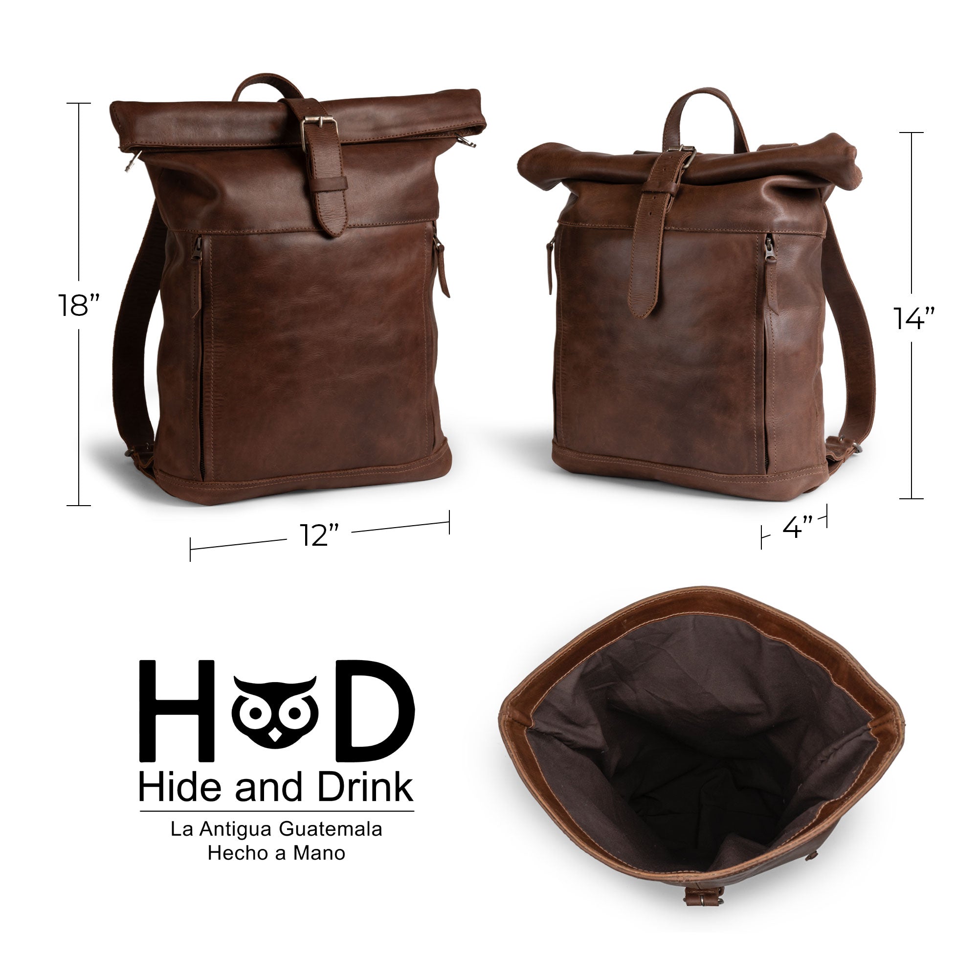 Specifications image of the Roll Top Backpack by Hide & Drink, displaying dimensions and features, showcasing its unique patina and materials sourced from Guatemala, perfect for a stylish travel accessory.