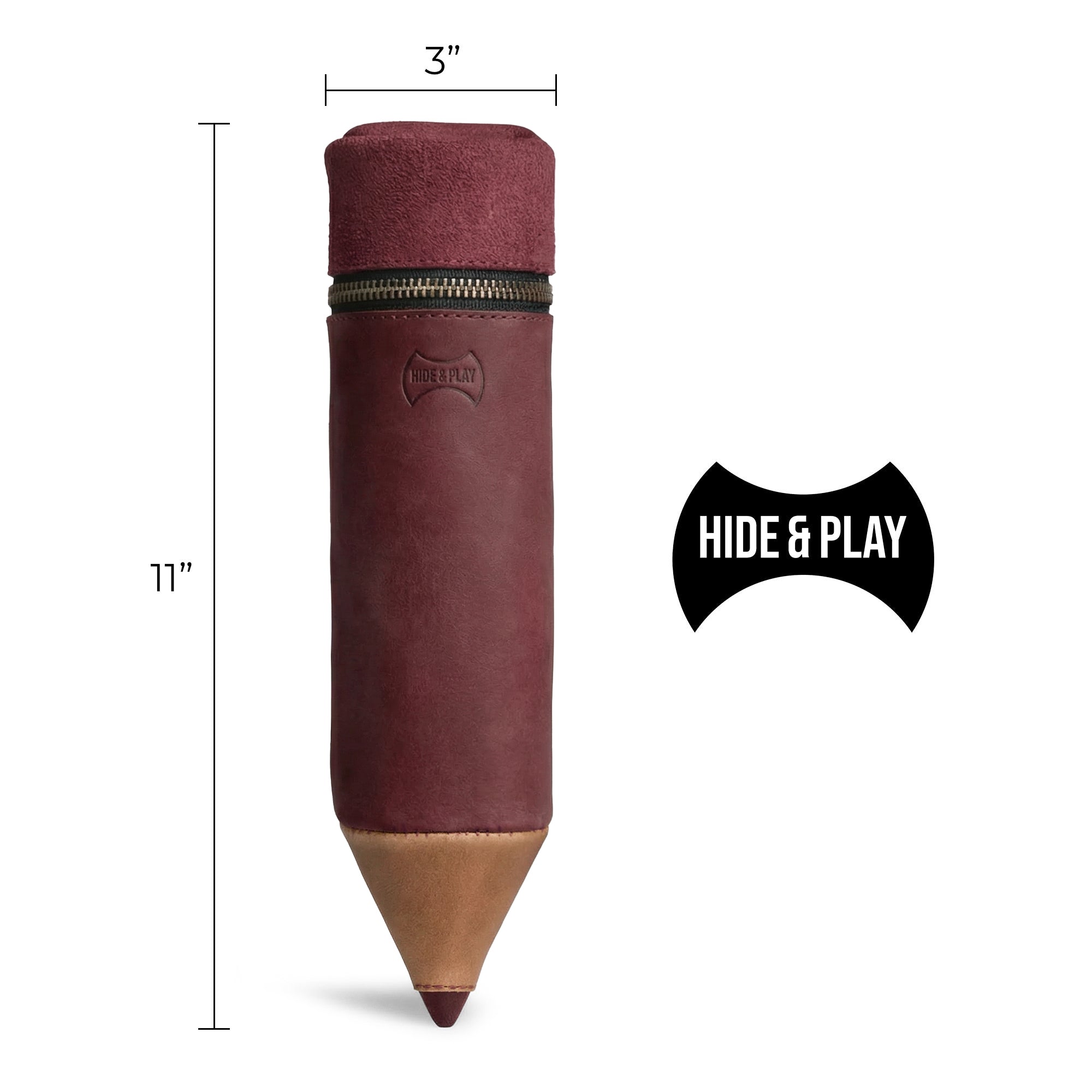 Dimensions of the Pencil-Shaped Case by Hide & Play displayed alongside its elegant outer design. This zippered bag stands at 11 inches tall and 3 inches wide, made of full grain leather for pen storage. The case reflects artisan craftsmanship through small batch production with hand cut and hand sewn details.