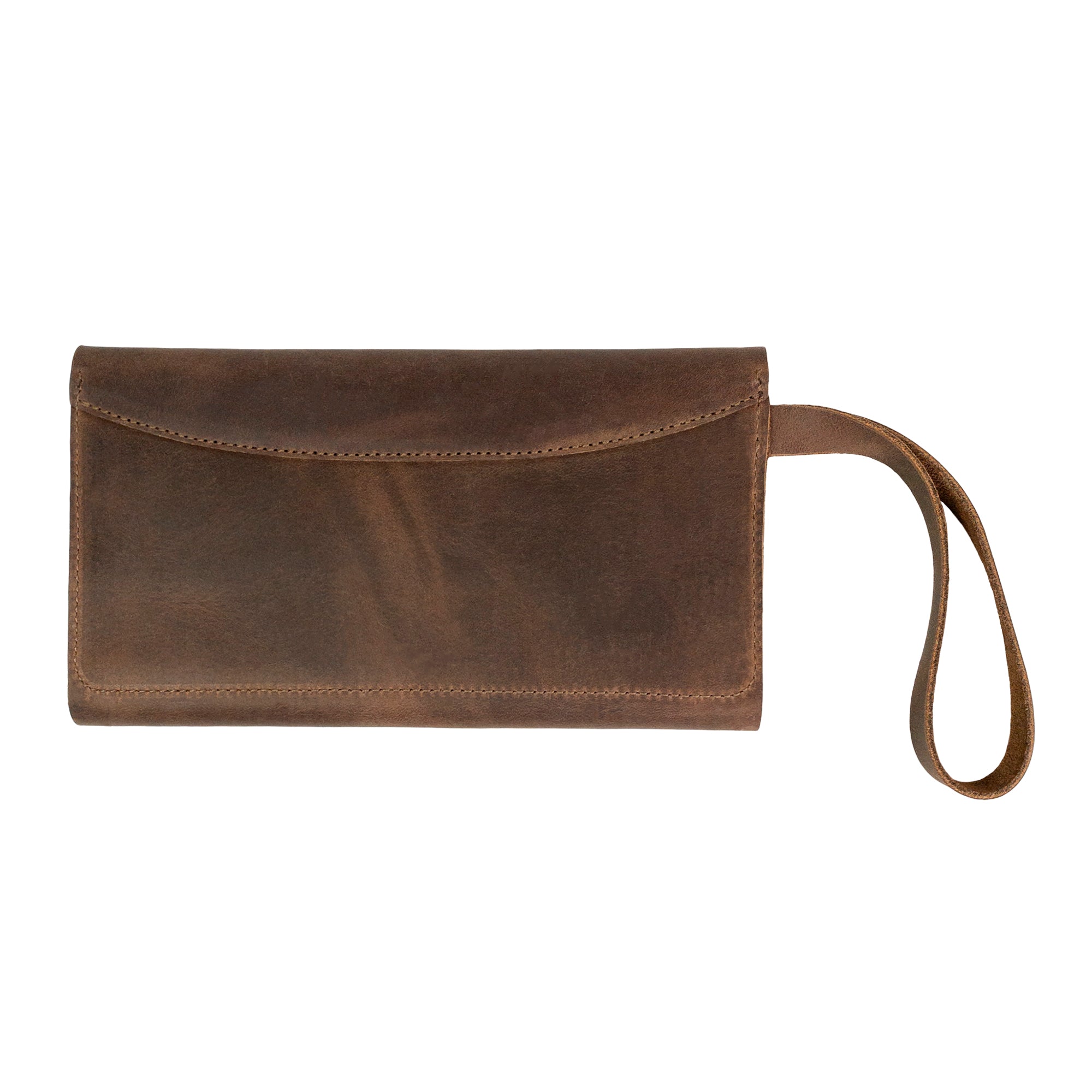 Back view of Heather's Wallet with Wristlet in rich Full Grain Leather, designed for women. This purse features a wristlet strap and a clean, modern look, making it a versatile travel accessory and effective money organizer. StockyardX, Small Batch Production, Hand Cut, Hand Sewn, Fire Branded, Artisan, Handmade in La Antigua Guatemala & Oaxaca Mexico.