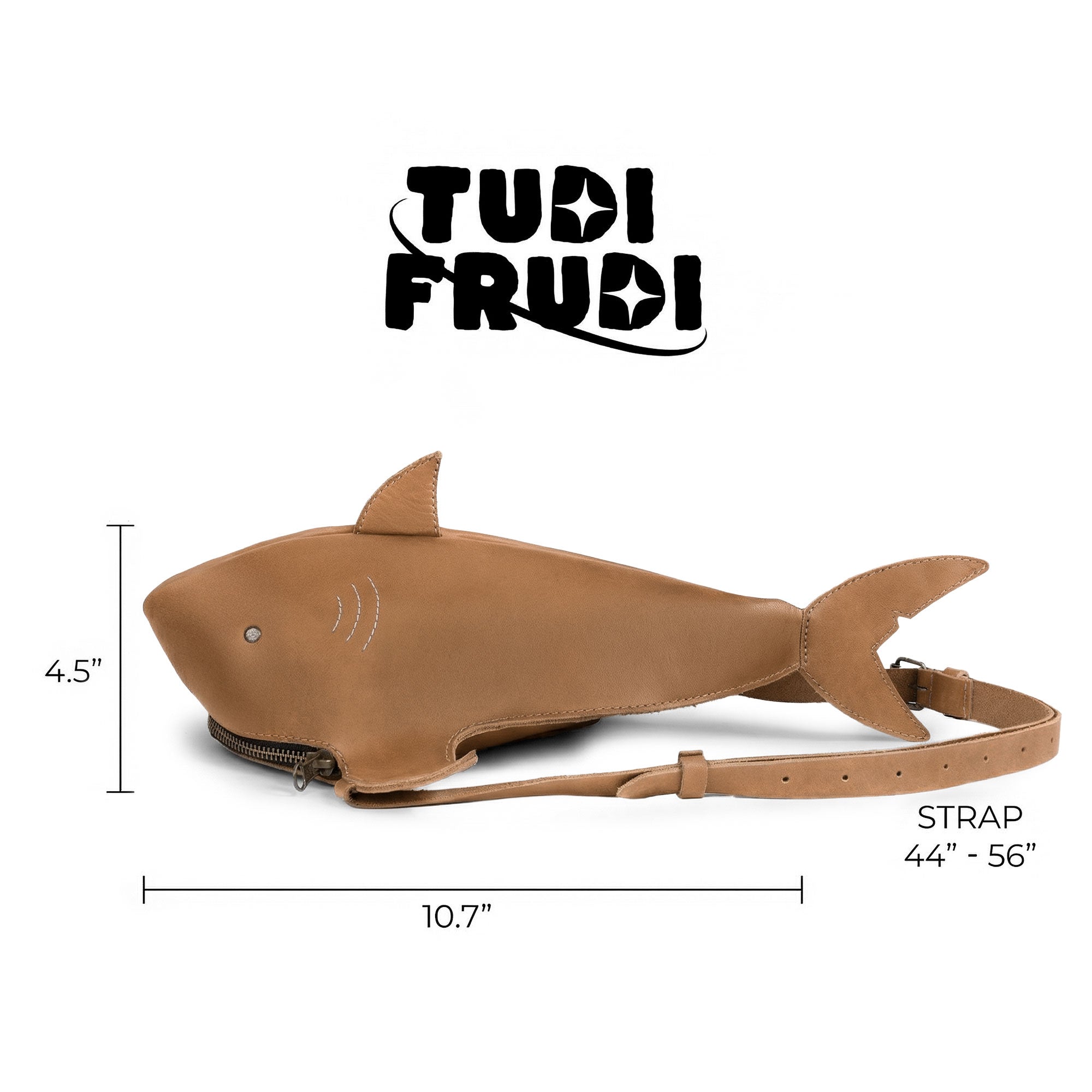 Measurement details of the Shark-Shaped Shoulder Bag by Tudi Frudi, featuring dimensions and adjustable strap length, emphasizing its handmade quality and unique design crafted from Full Grain Leather.