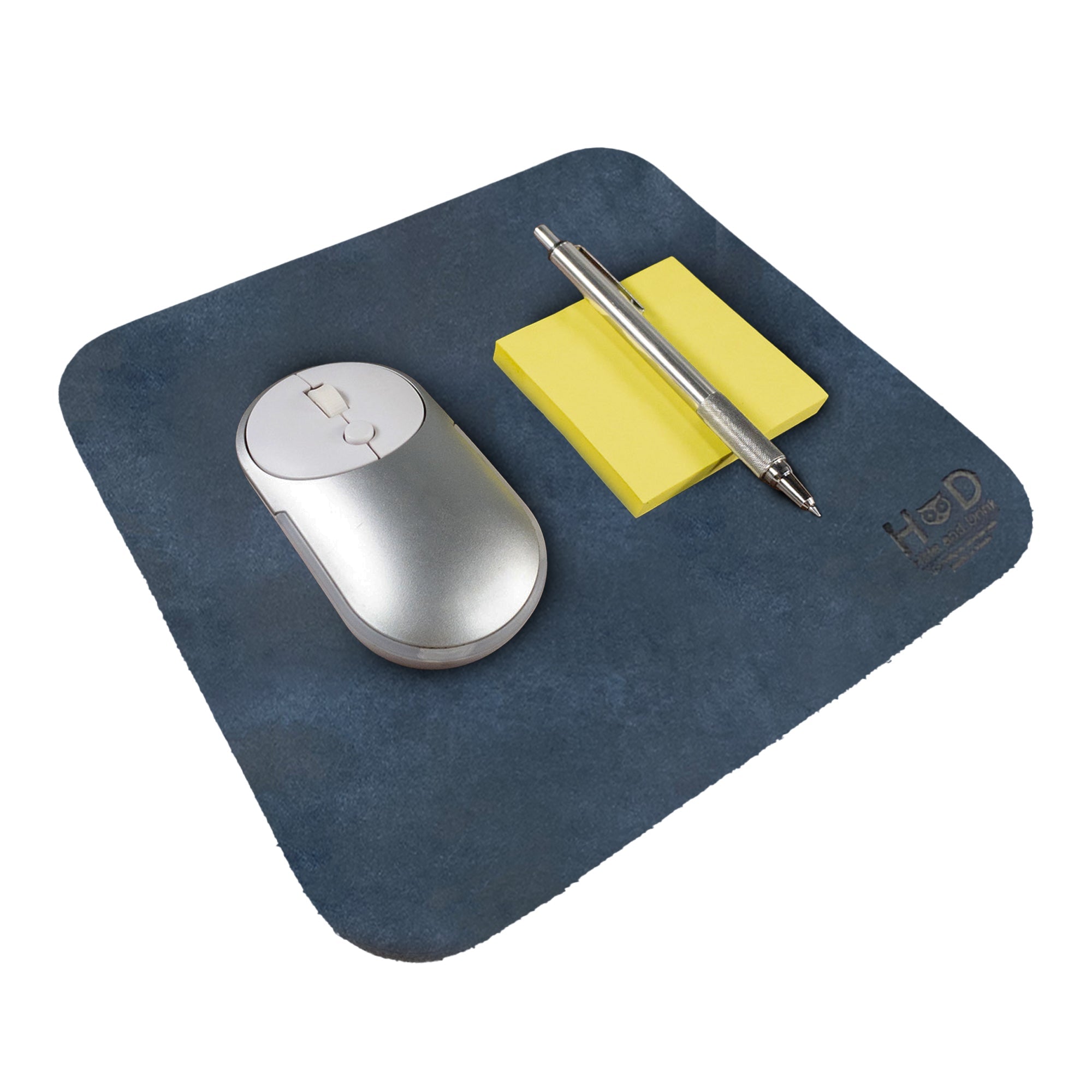 Hide & Drink Mousepad displaying a professional design in vibrant dark blue, providing an ideal workspace for productivity. This genuine leather mousepad features ergonomic benefits and anti-slip properties, crafted by artisans in La Antigua Guatemala & Oaxaca Mexico.