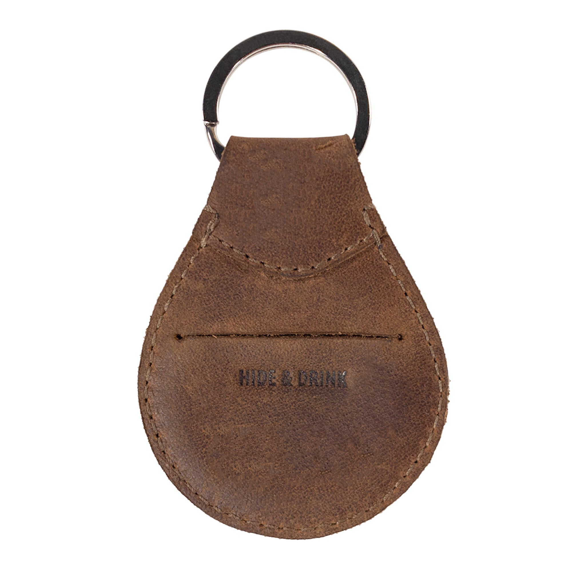 Back view of the Medallion Holder Keychain by Hide & Drink showcasing its strong construction and secure keyring attachment. Designed to safely hold special coins and memorabilia, this artisan piece is crafted from full grain leather, highlighting the dedication of small batch production in La Antigua Guatemala & Oaxaca Mexico.