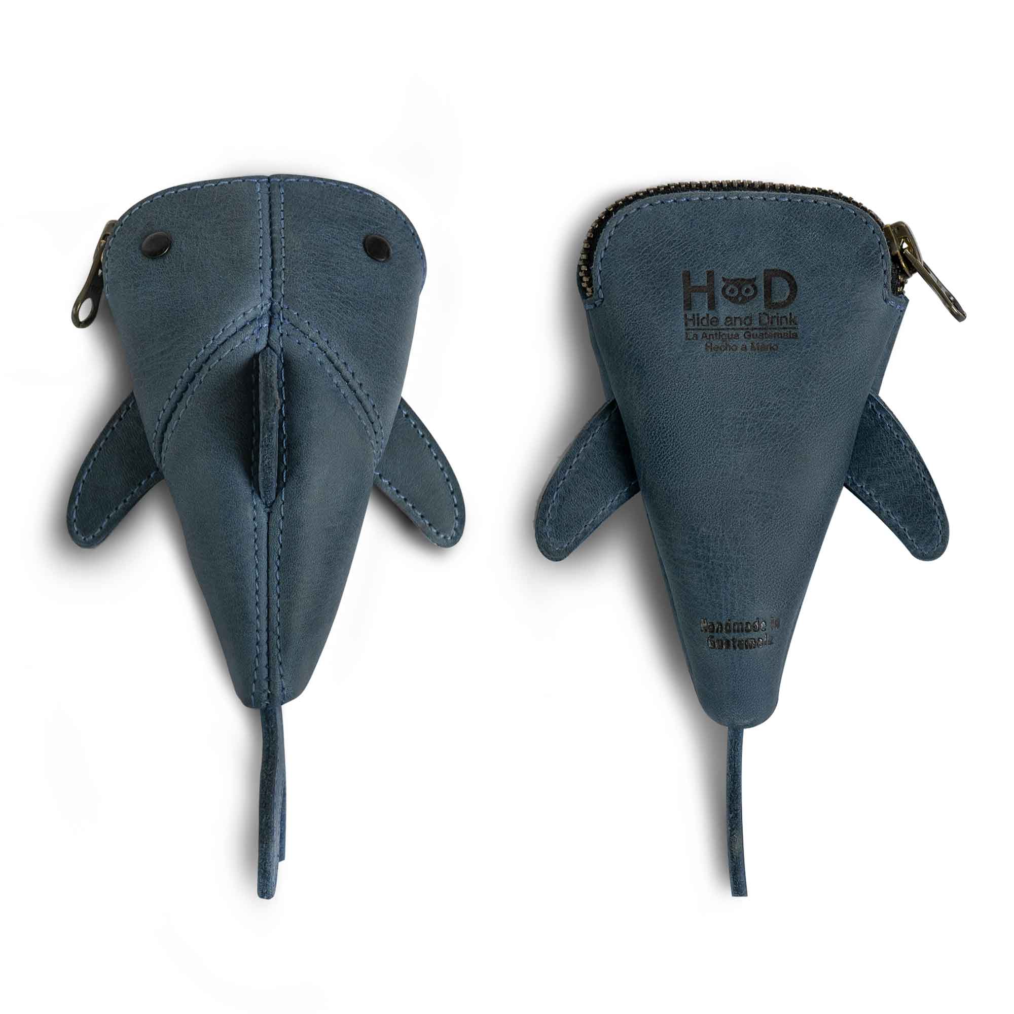 Hide & Drink Leather Shark Pouch showcasing both front and back views. This small shark-shaped pouch is a versatile Leather Coin Purse that can also function as a small charger cable holder. It's an ideal change bag or zippered cable case for cash and comes from small batch production, hand cut and hand sewn with care. Fire branded and artisan-made, it reflects the craftsmanship of La Antigua Guatemala & Oaxaca Mexico.