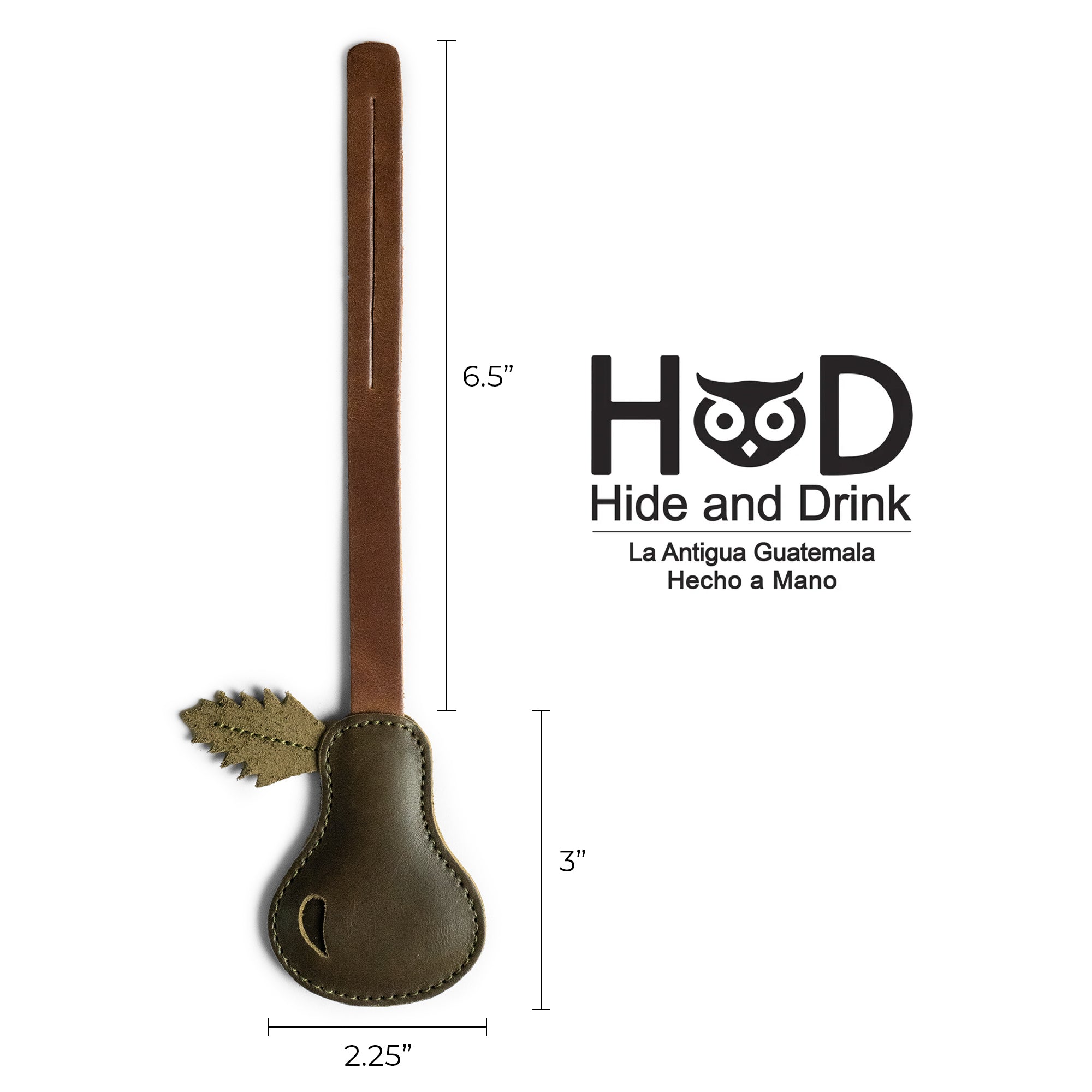Measurements of the Pear Bag Charm from Hide & Drink, showcasing its elegant design suitable for handbags as an ornament. This artisan-crafted accessory reflects small batch production values, combining full grain leather with fire branded details, handmade in La Antigua Guatemala & Oaxaca Mexico.