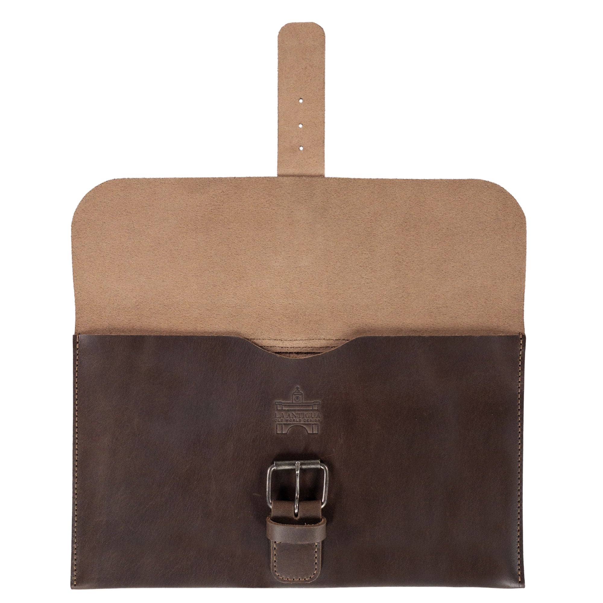 Back view of La Antigua's Rectangular Case for Notebook highlighting its premium full grain leather and classic sleeve design. Ideal for an 8.25 x 5 in. notebook, this protective cover is hand cut and hand sewn, with a fire branded touch representing the artisanal heritage from La Antigua Guatemala and Oaxaca Mexico. A perfect travel accessory for keeping your journal secure.