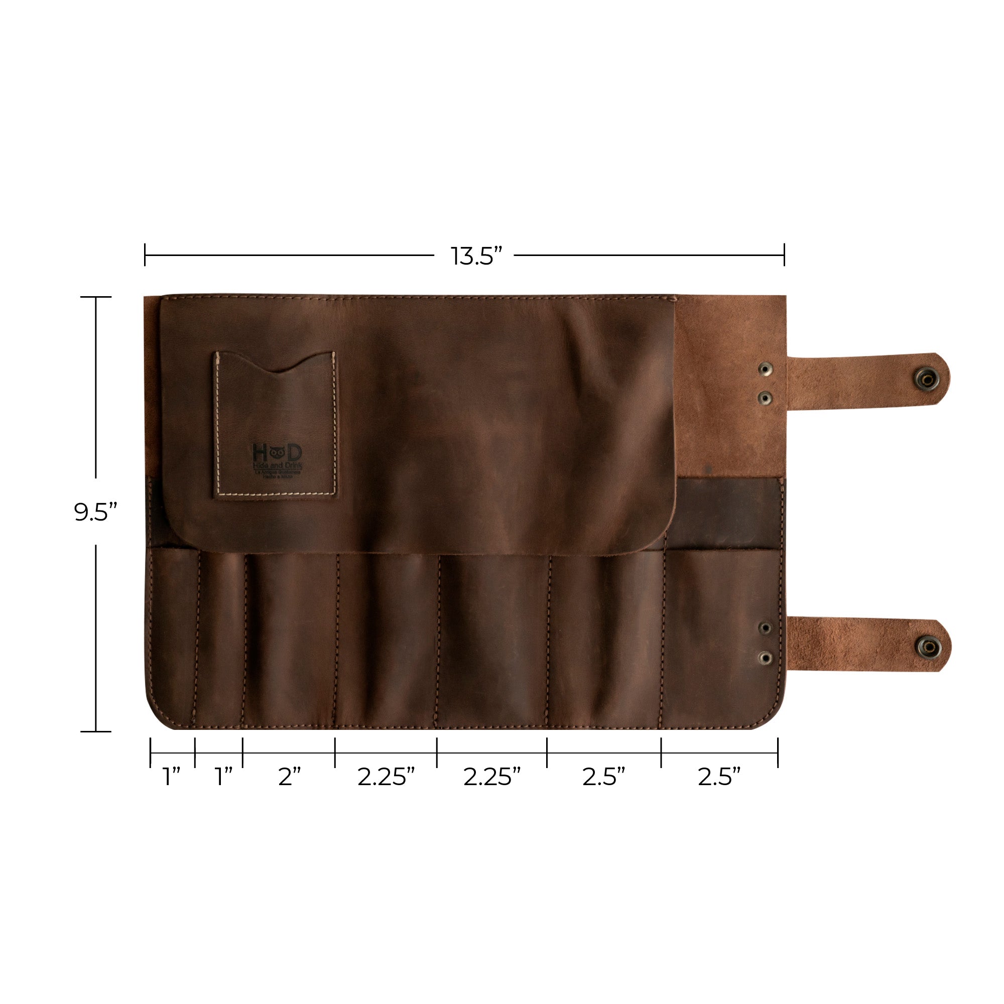 Folded view of Hide & Drink's Barber Tool Roll, a stylish Snap Tool Roll Up Bag with 14 Slots ideal for organizing scissors & screwdrivers. Made from high-quality Full Grain Leather, this portable carry case highlights StockyardX's small batch production and artisan craftsmanship, hand cut, hand sewn, and fire branded in La Antigua Guatemala & Oaxaca Mexico.