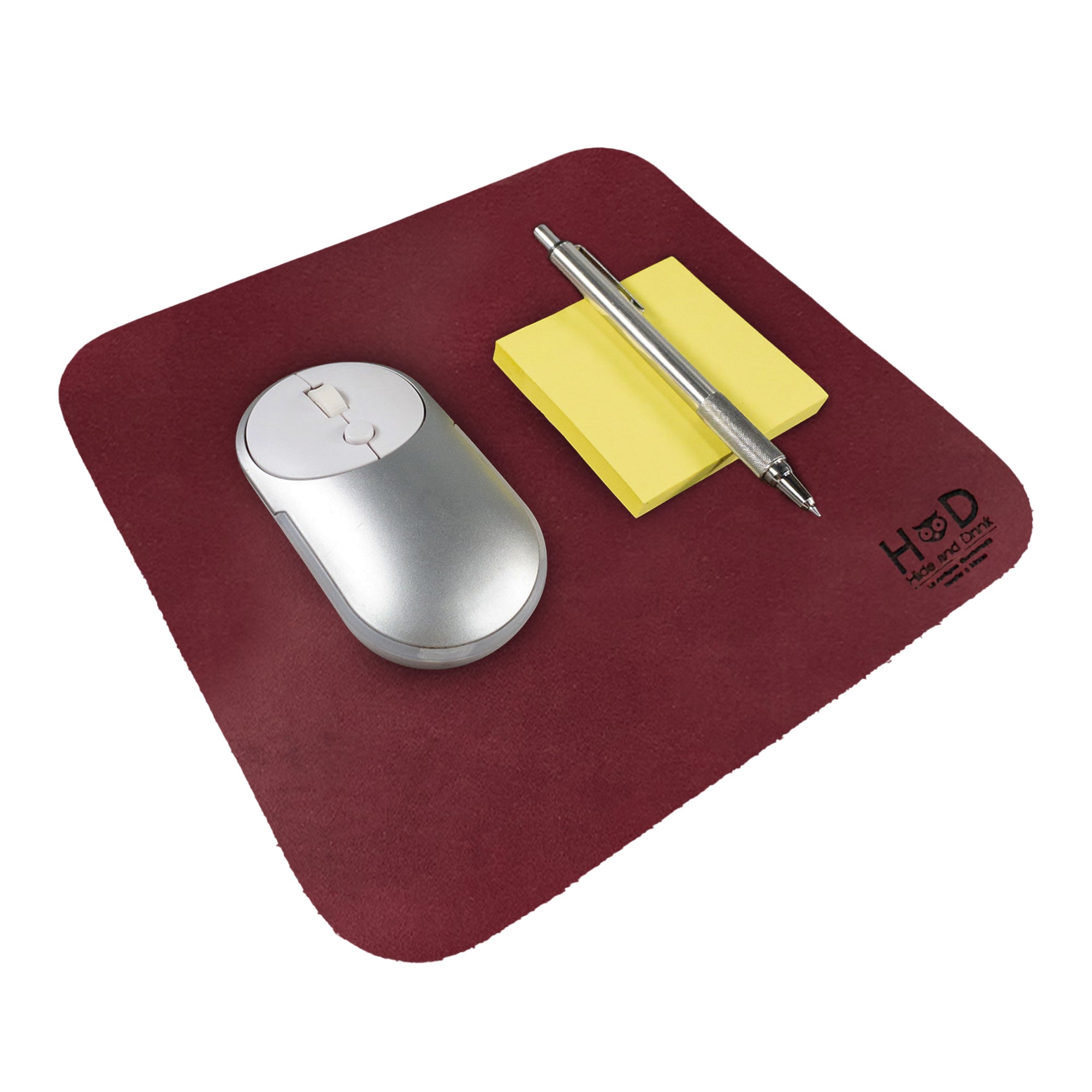 Hide & Drink Mousepad in a vibrant red hue, perfect for enhancing your desktop aesthetics. This ergonomic non-slip leather mousepad ensures optimal performance, handmade in La Antigua Guatemala & Oaxaca Mexico.